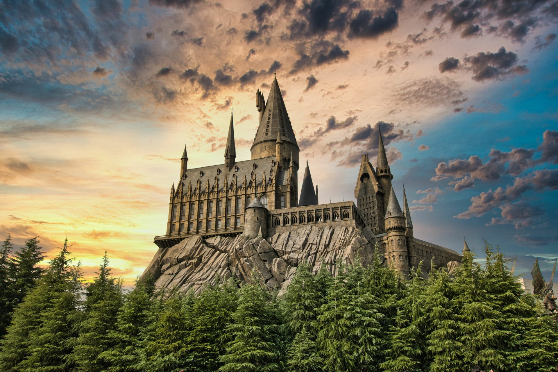 OSAKA, JAPAN - AUGUST 10, 2019: Hogwarts Castle under dramatic s
