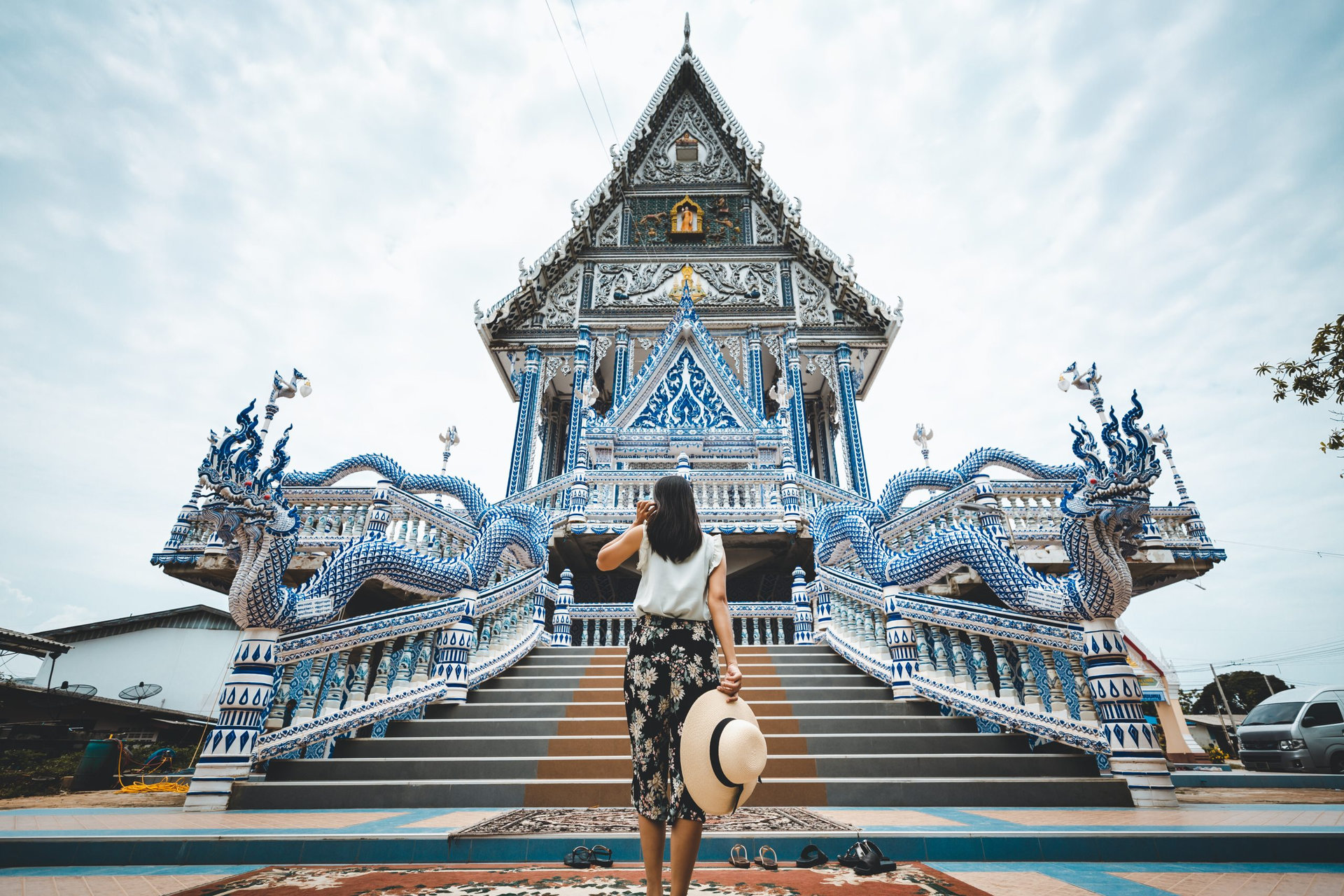 Asian traveller woman travel in Wat Pak Nam Khaem Nu temple, Chanthaburi, Thailand