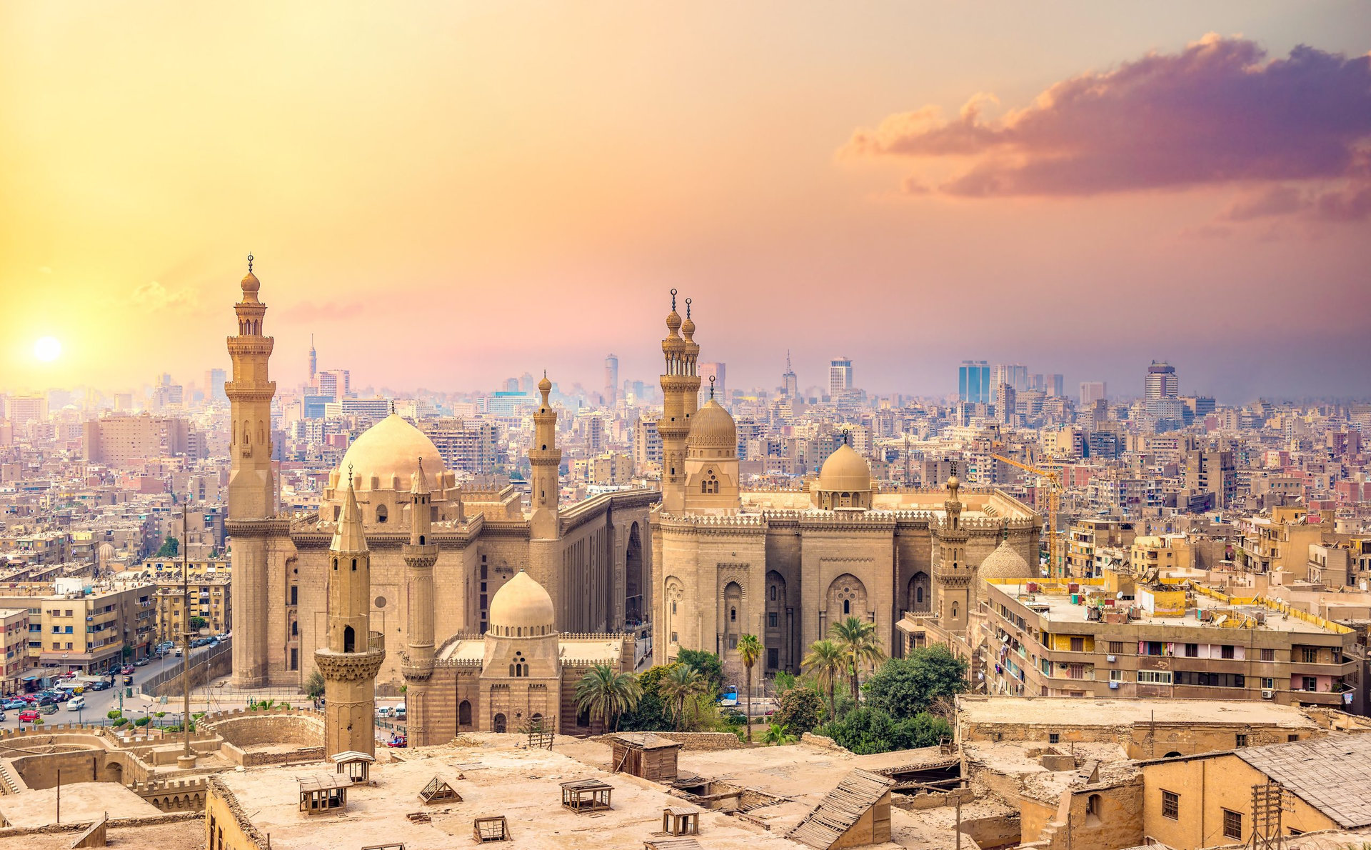 Dusk over Cairo and Sultan Hassan Mosque, Egypt