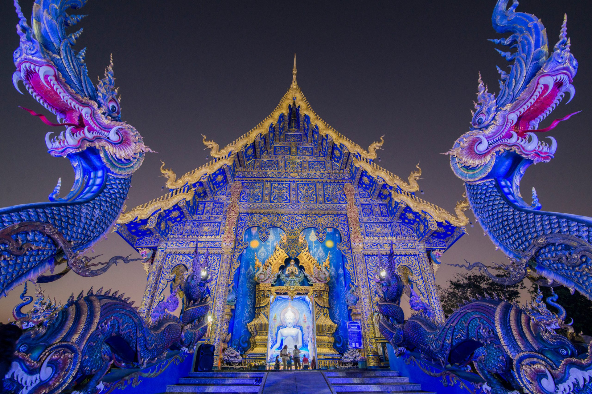 the Blue Temple or Wat Rong Suea Ten in the city of Chiang Rai in North Thailand. Thailand, Chiang Rai, November, 2019
