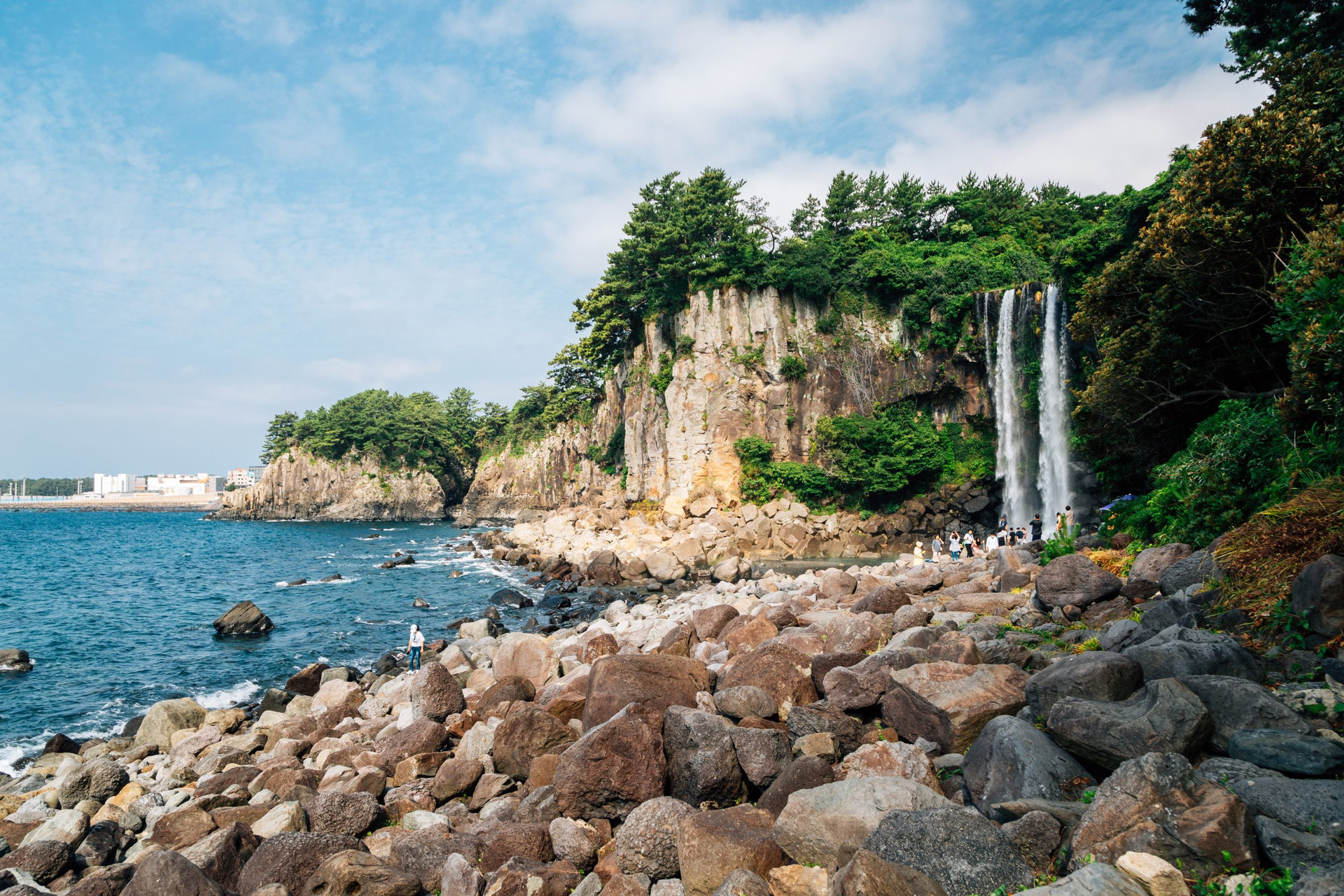 Jeongbang Falls and sea in Jeju Island, Korea