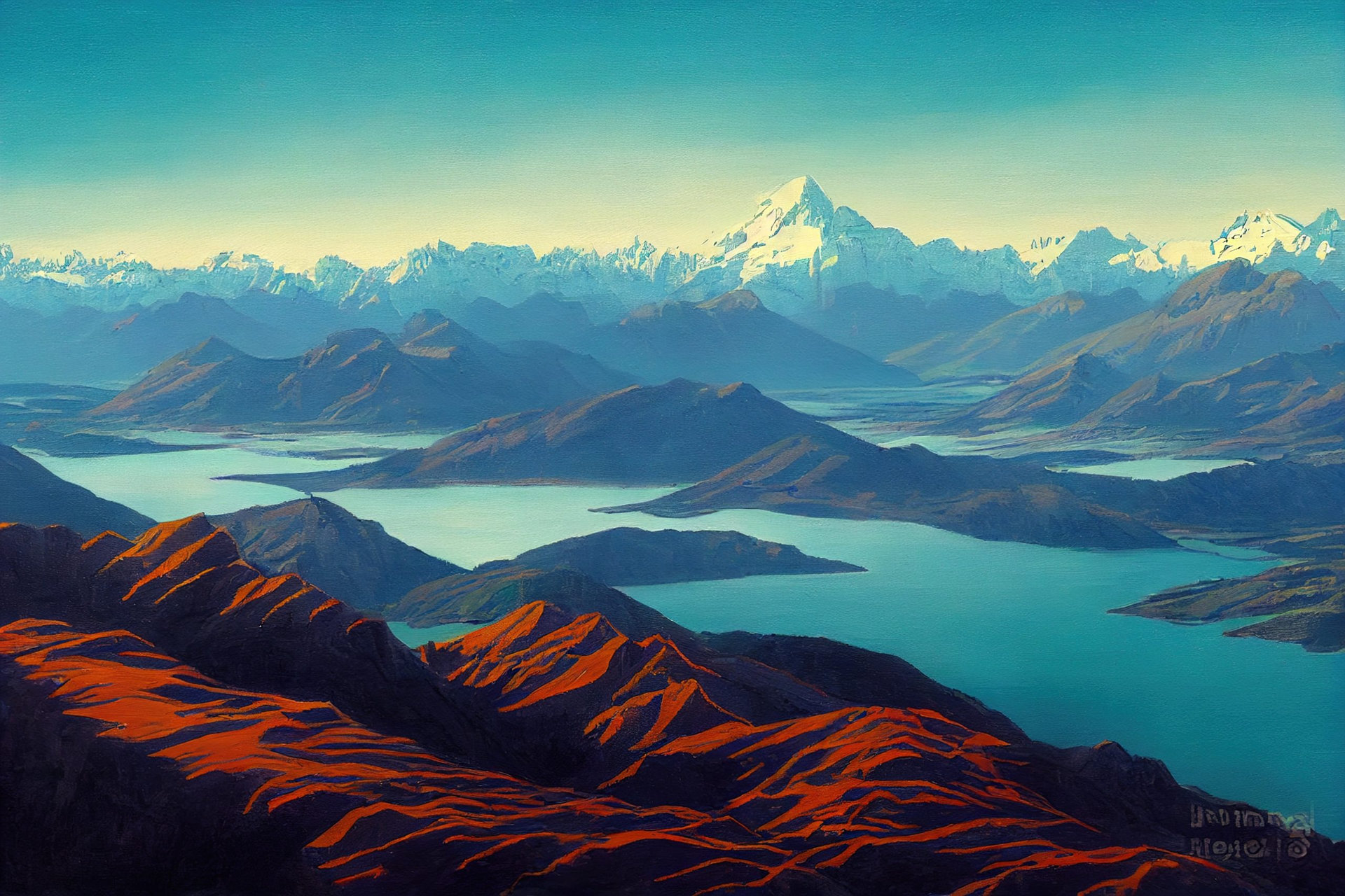 panorama at sun Roys Peak between Wanaka and Queenstown with a lake and mount aspiring and cook of the new zealand alps on the background