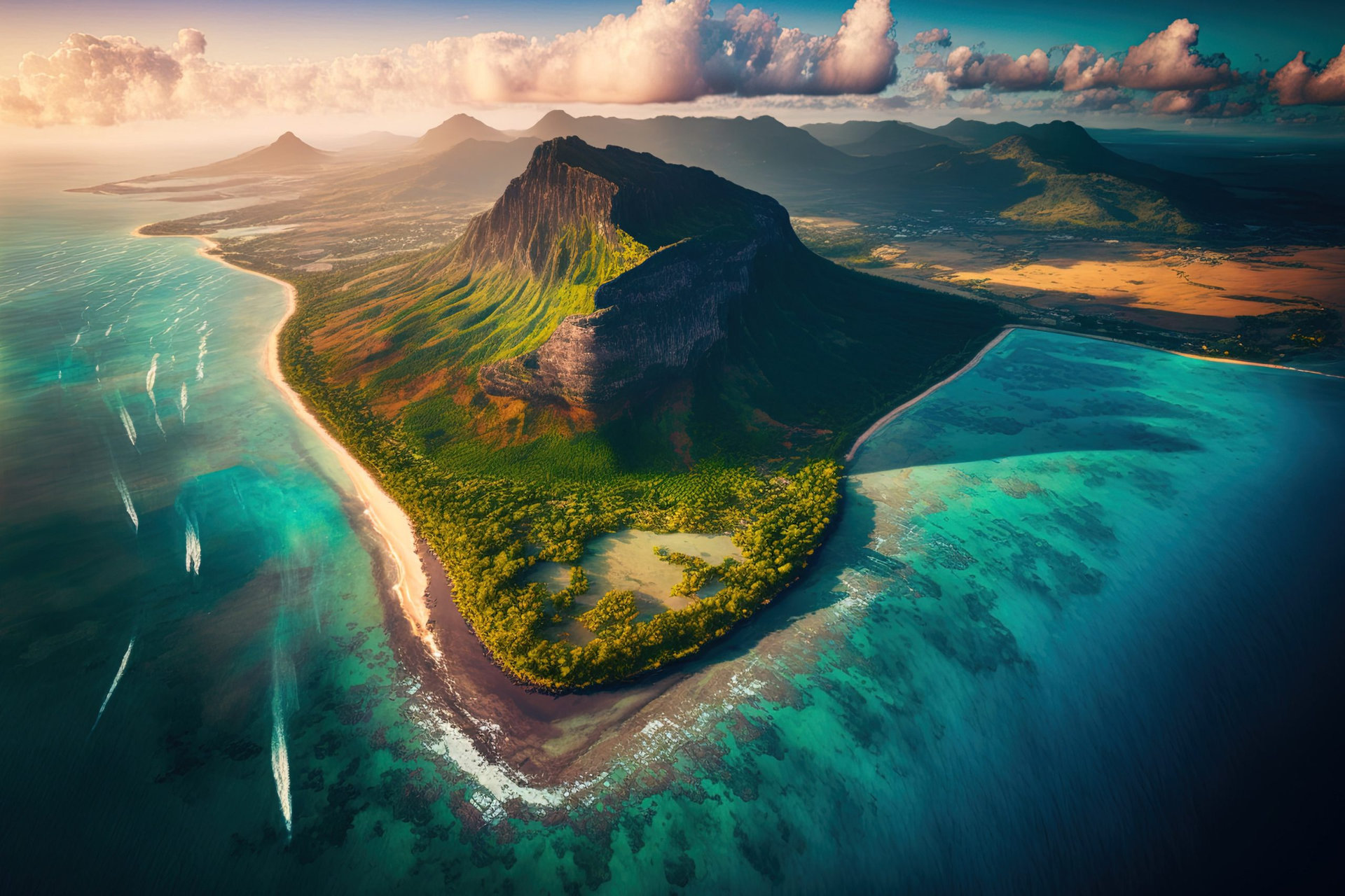 Le Morne Mountain, Mauritius, Africa, as seen from above. Generative AI