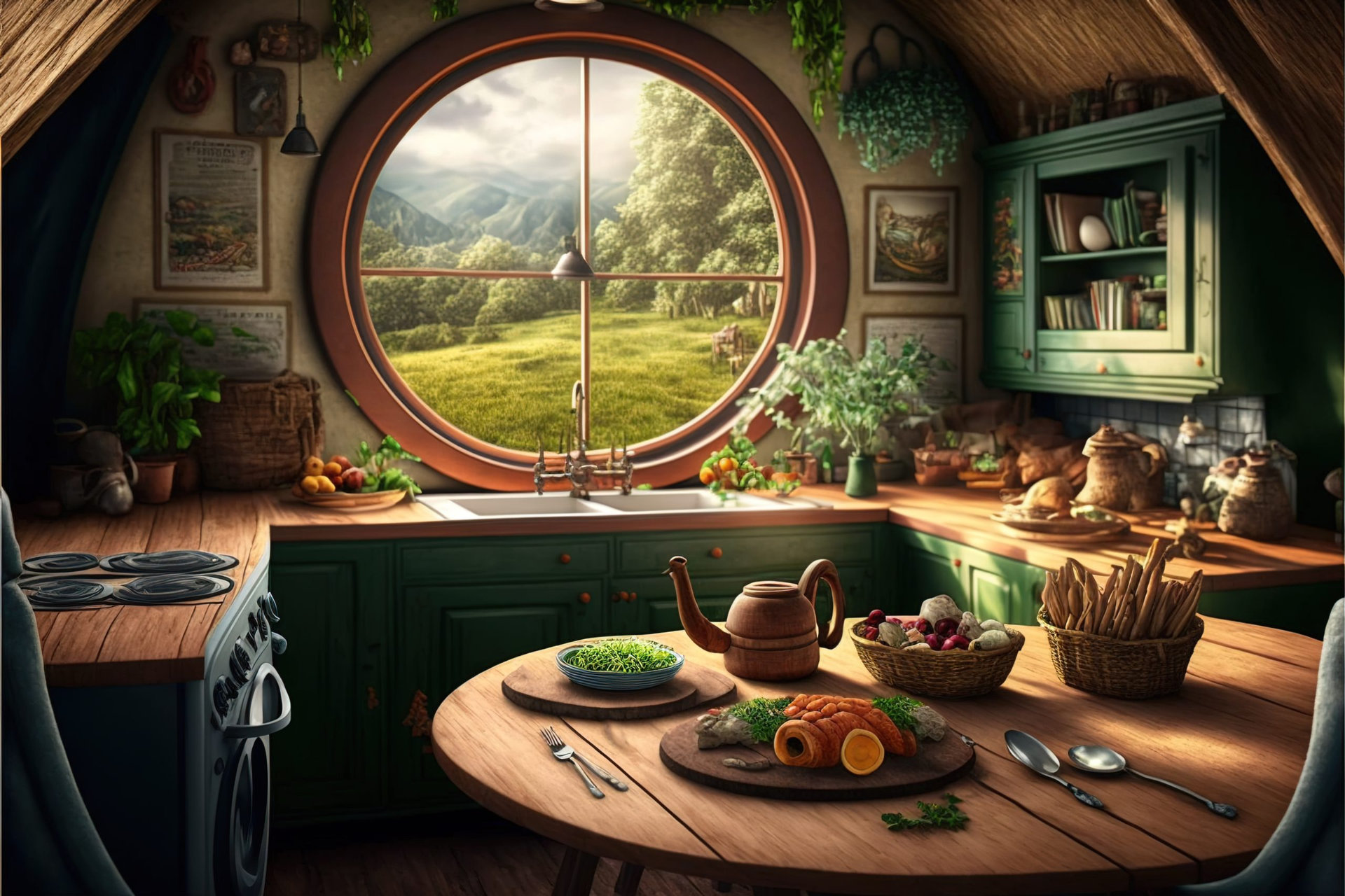 Fantasy house interior, food on table in kitchen at hobbit home, generative AI. Vintage room with wooden furniture and round window in fairytale hut. Concept of fairy World, dwelling, illustration