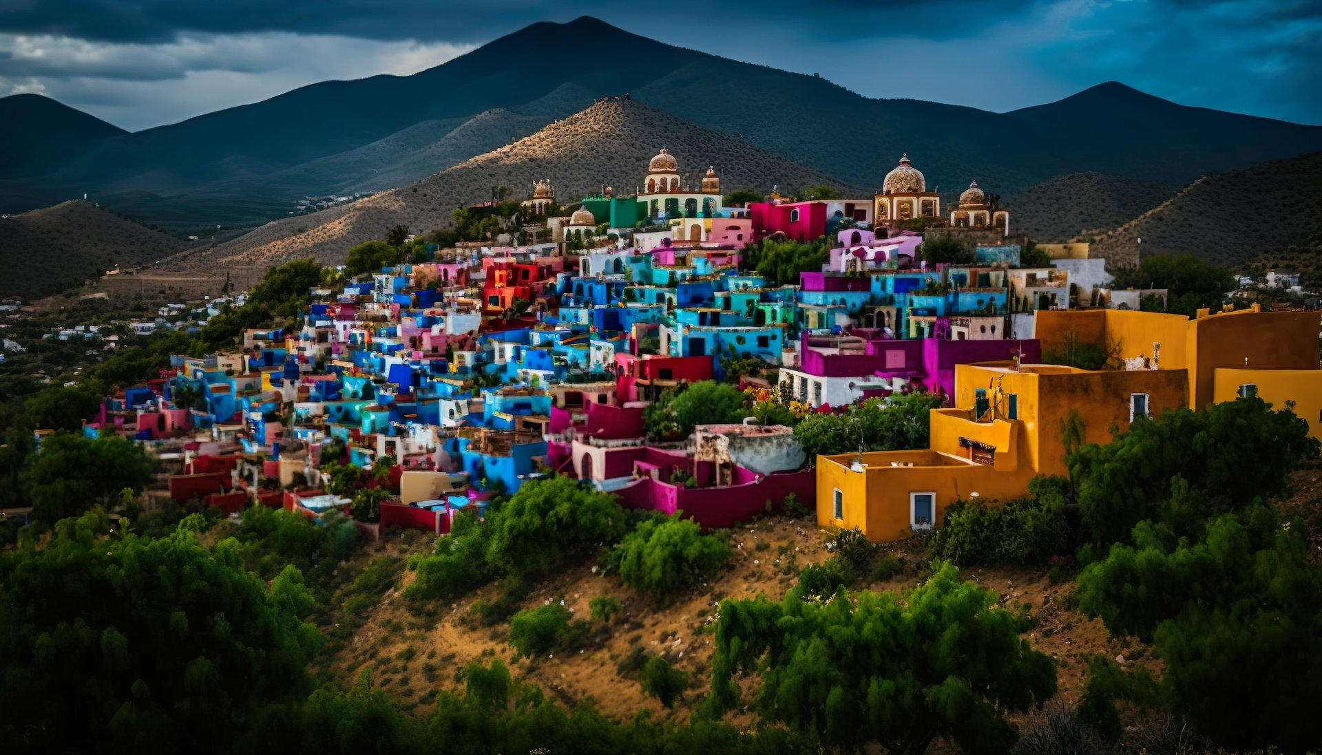 A colorful village in the hills of Oaxaca Mexico photographed with a Sony A6600 16mm lens f/5.6 vibrant Generative AI