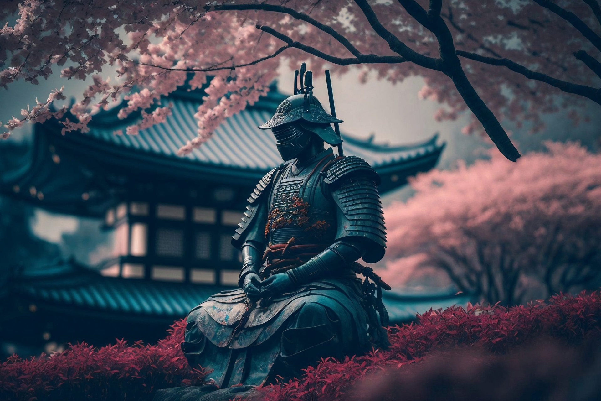 a meditating samurai in nature