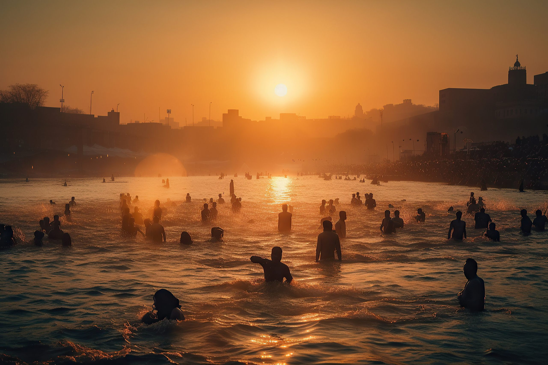 Spiritual Rituals: Pilgrims Taking a Dip in the Sacred Ganges River, Sacred Waters: Exploring India's Cultural and Religious Traditions at the Ganges River - AI Generative