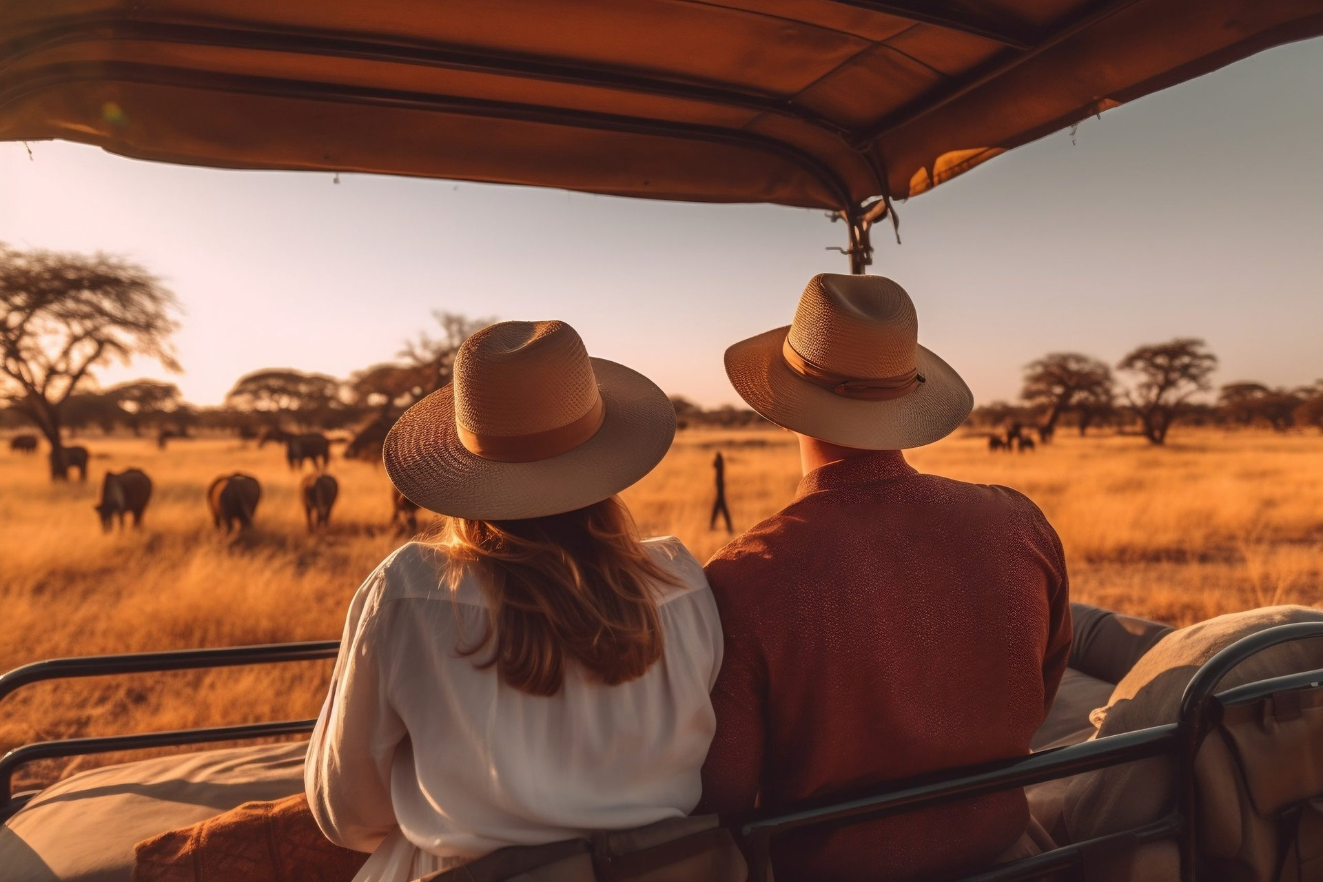 a white couple on a safari jeep wildlife in the background