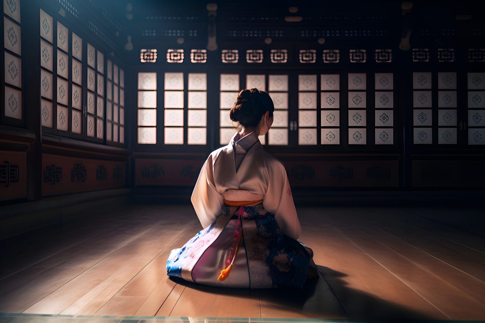 A Chinese woman in a kimono sits on the floor of a temple, Generative AI content
