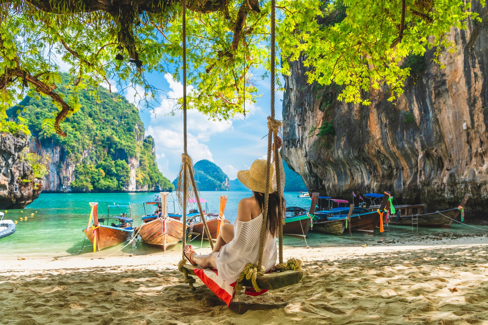 Traveler woman relaxing on swing joy nature scenic landscape Lao Lading beach island Krabi, Famous place tourist travel Phuket Thailand summer holiday vacation trip, Tourism beautiful destinations Asia