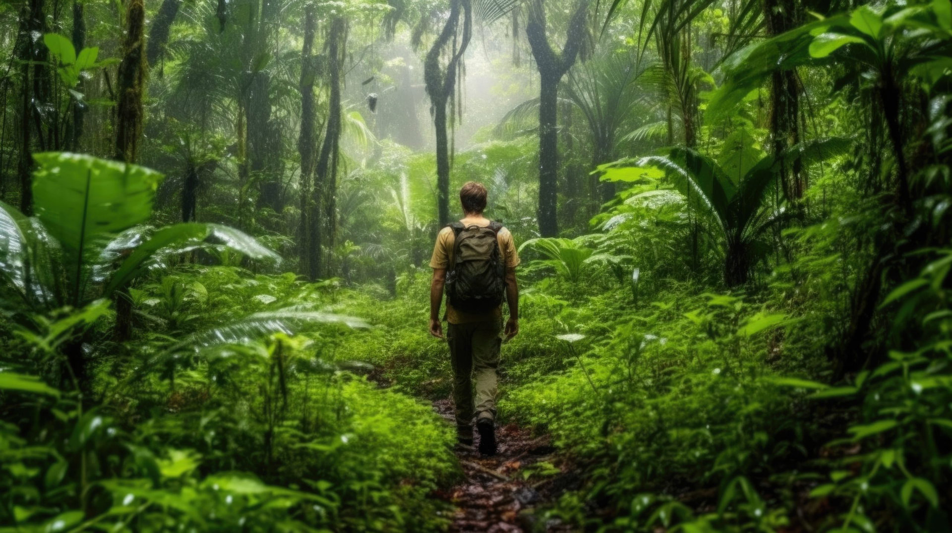 man hiking in the Amazon Rainforest generative ai.
