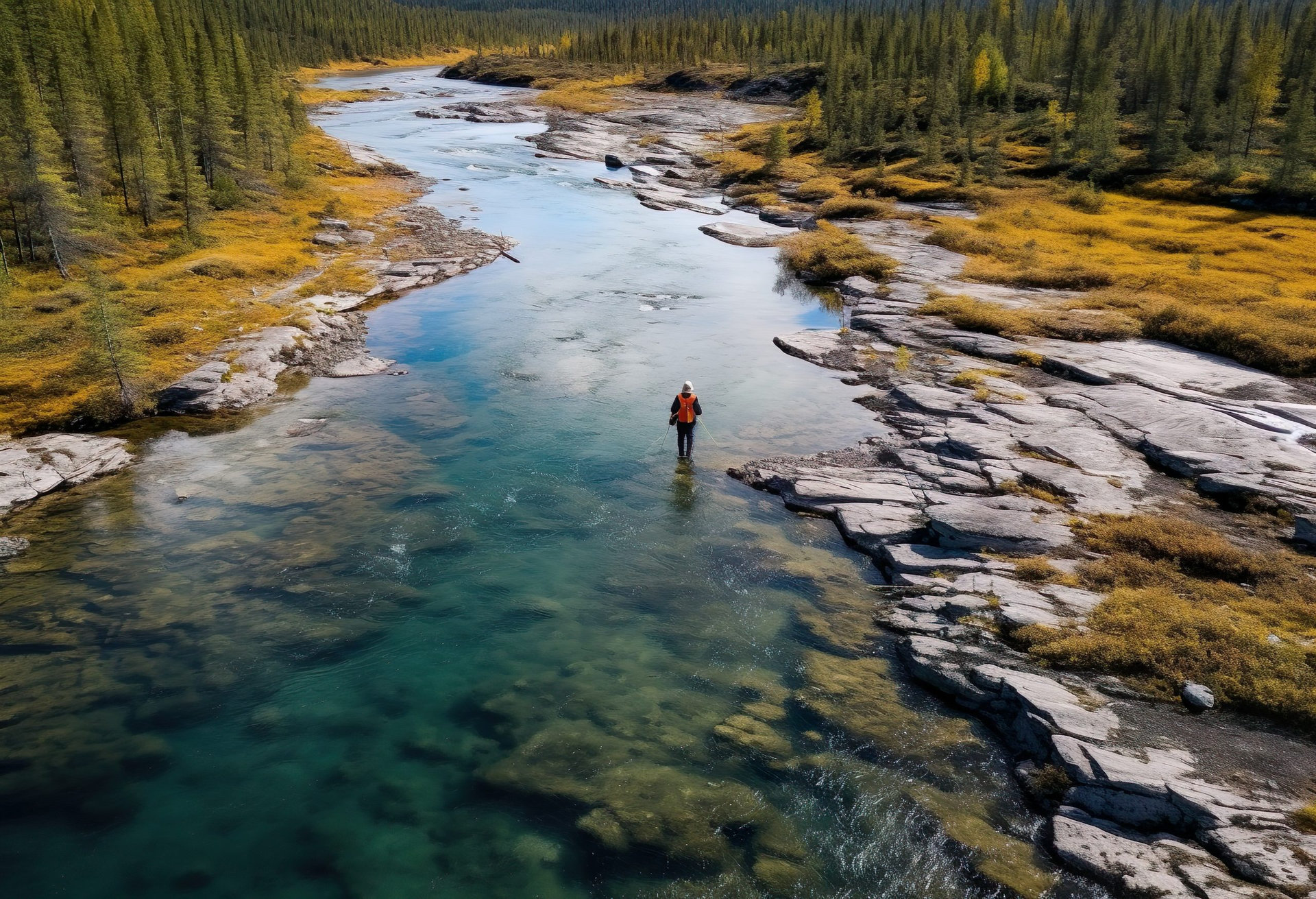 Drone View Over Fisherman in Glacial River Swedish