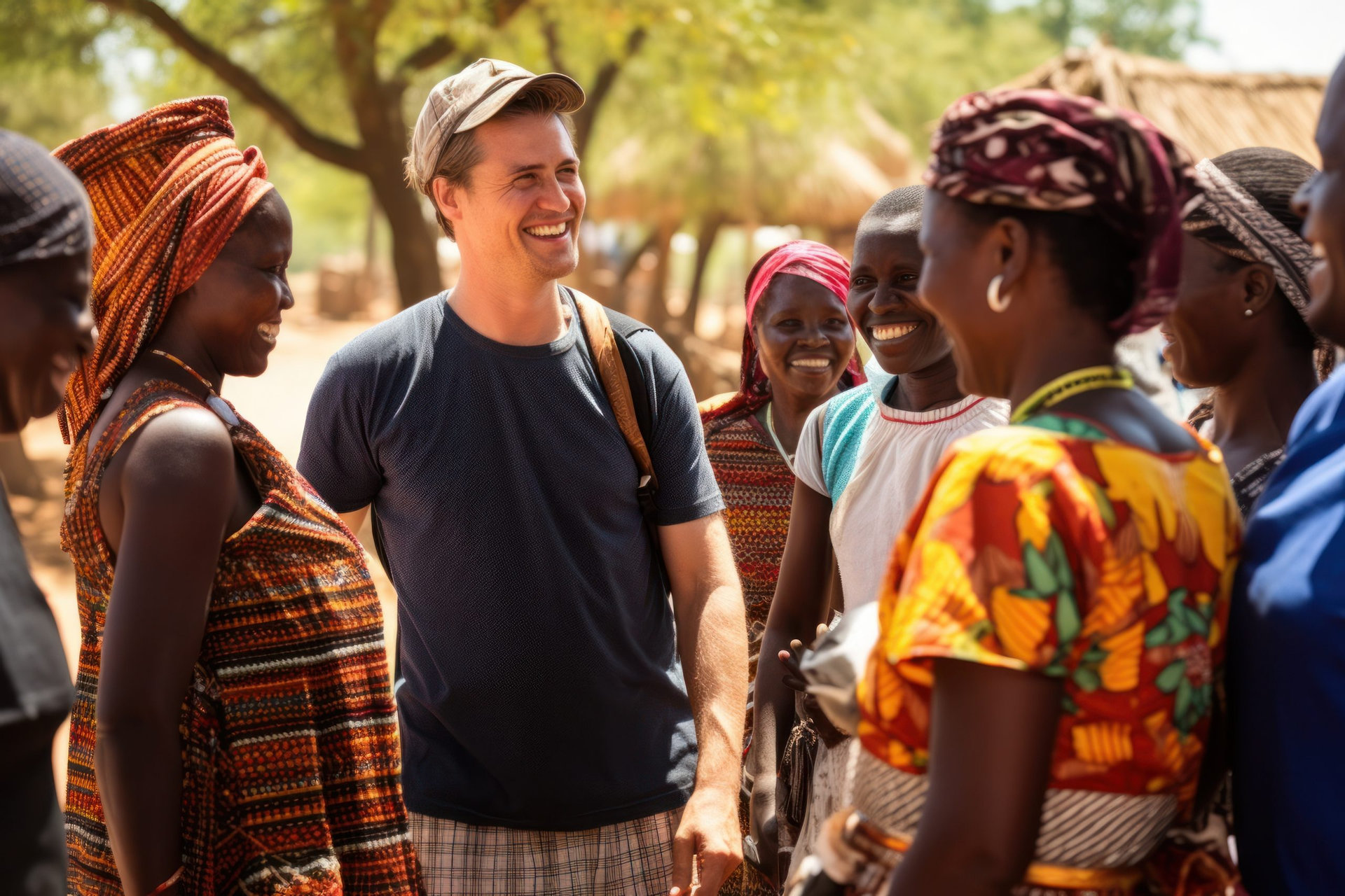 Travelers engaging with locals at an African village cultural event. Concept of cultural exchange and community connection.
