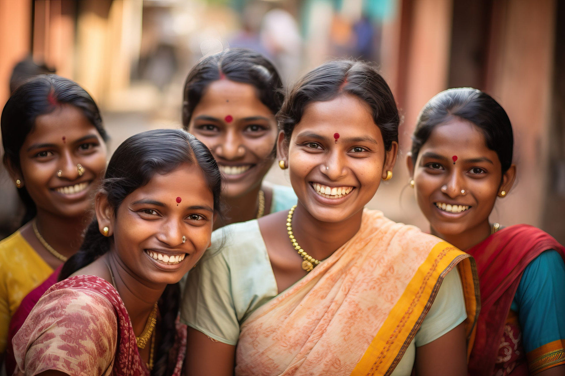 a group of women wearing saris and smiling
