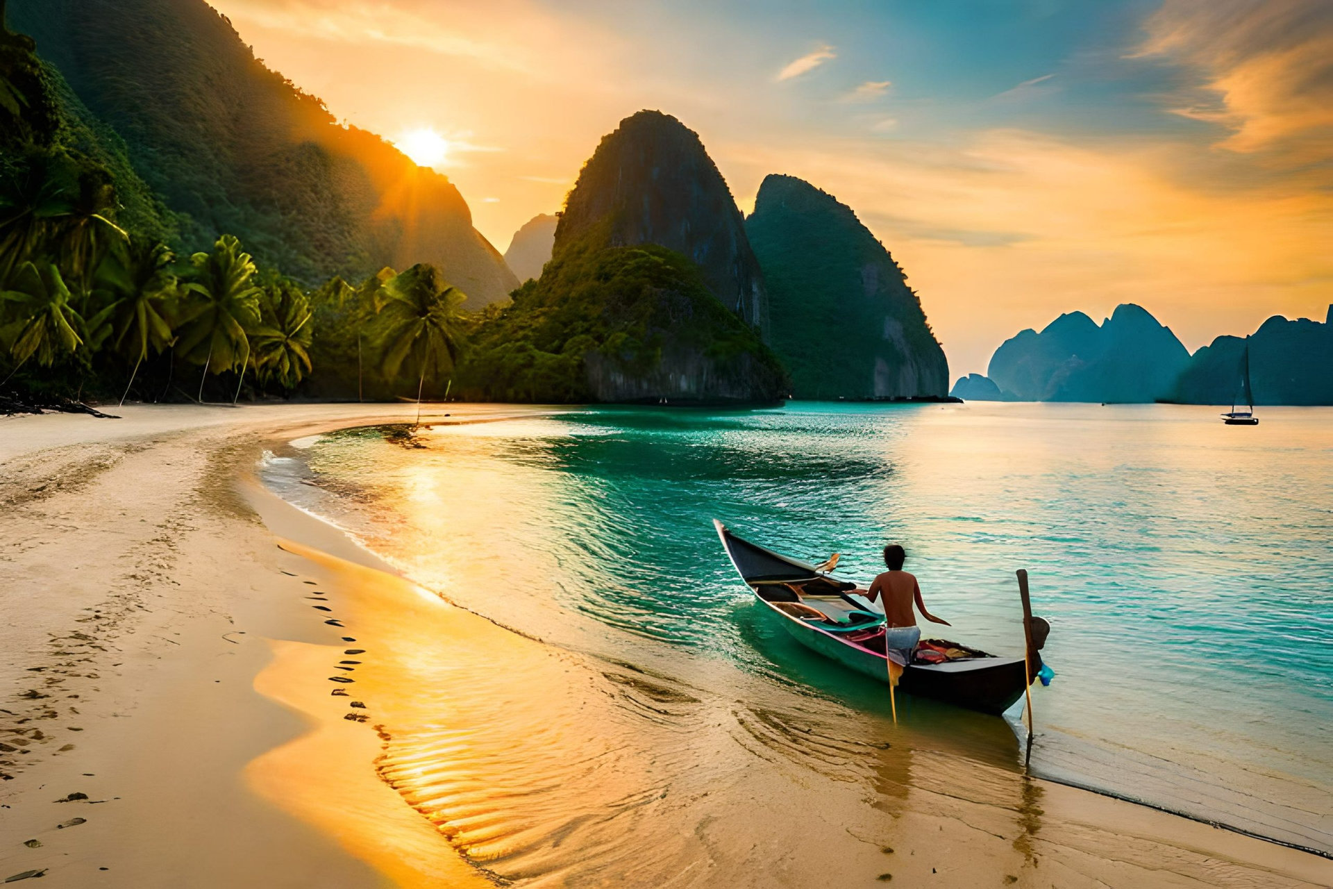 Tourists exploring the beaches and lagoons of bacuit archipeligo, el nido palawan island, in the philippines by traditional banka outrigger boat