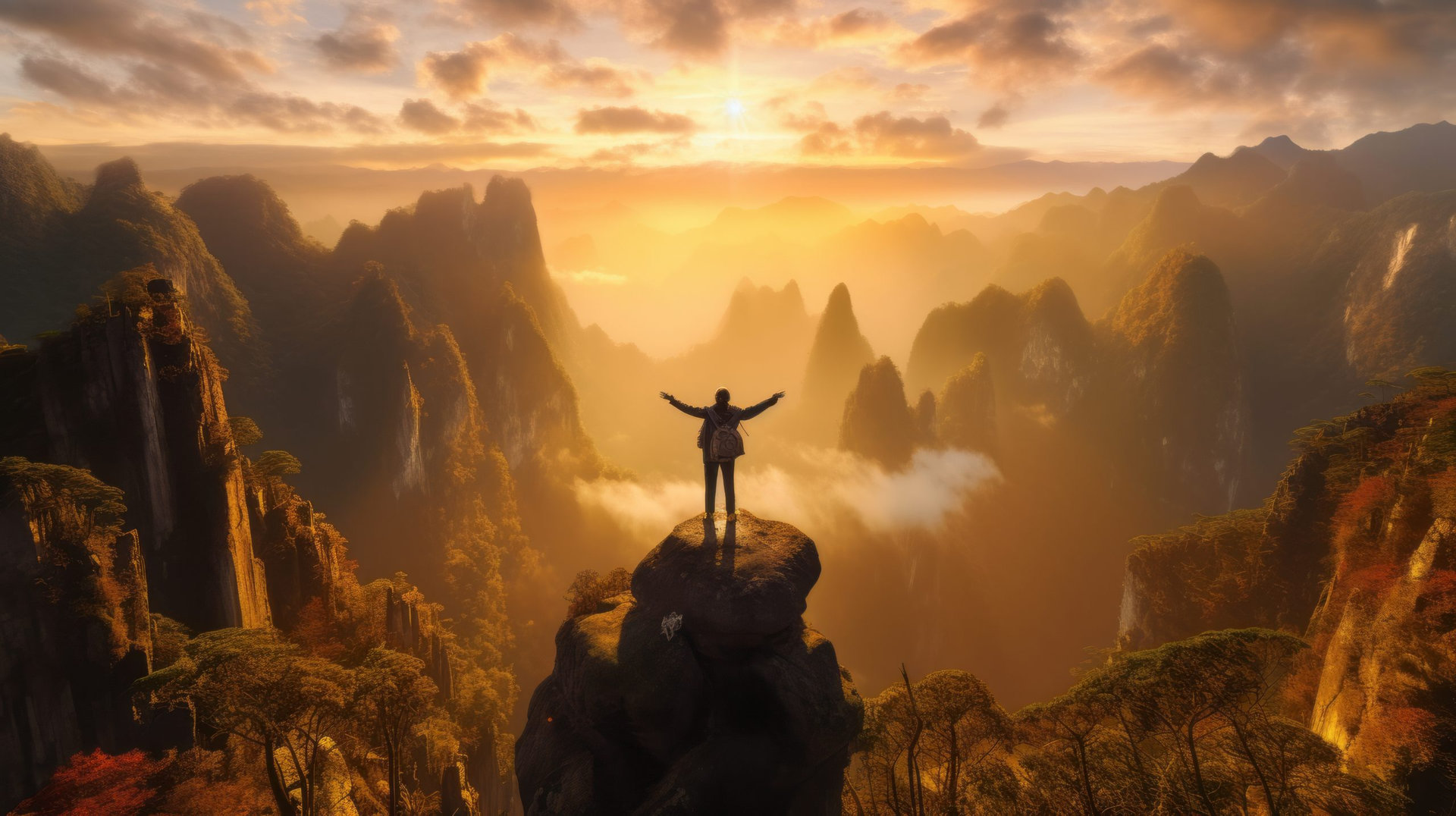 tourist is standing with both hands raised After successfully , on top of a mountain,Zhangjiajie