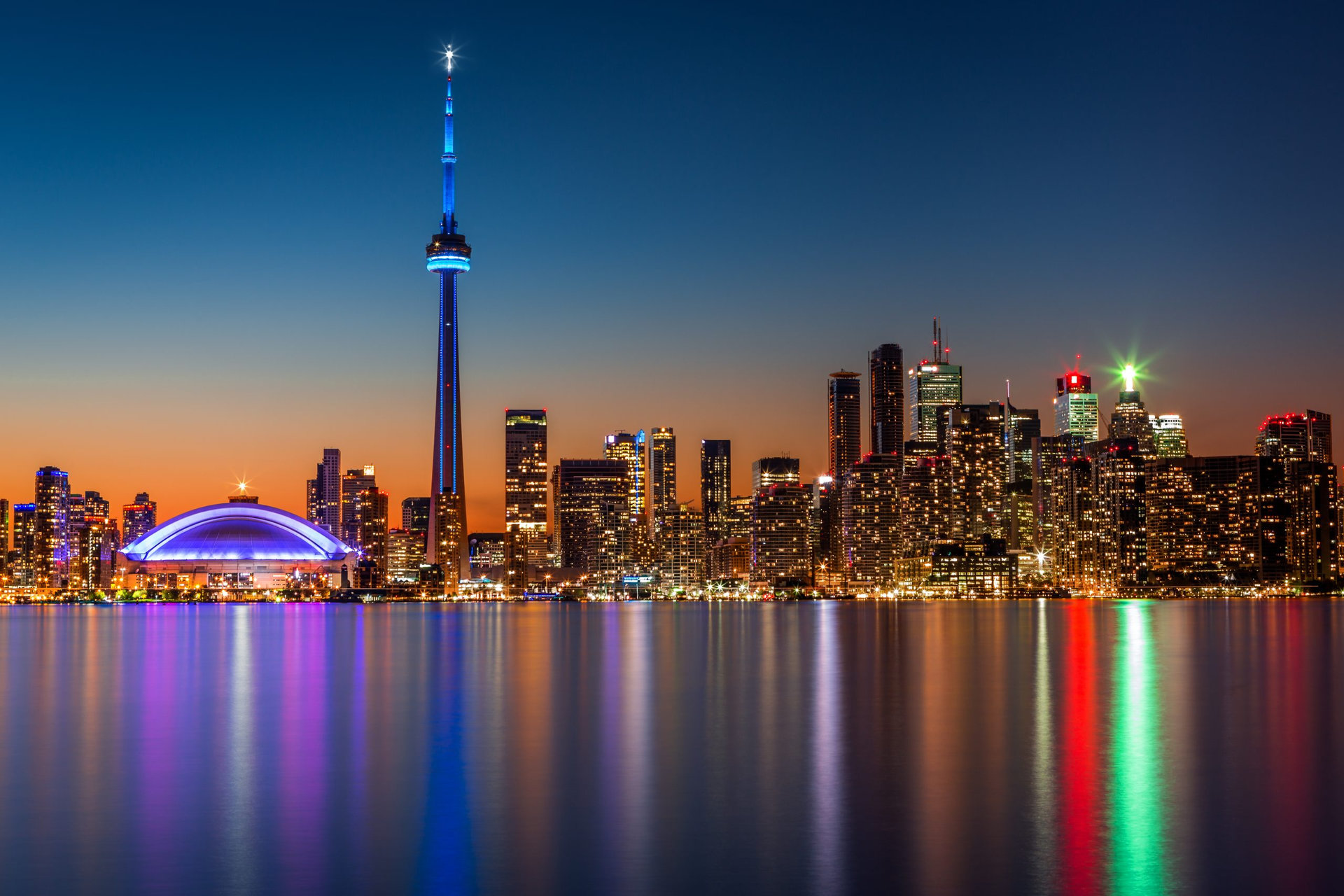 Toronto skyline at dusk, viewed from Toronto Island park