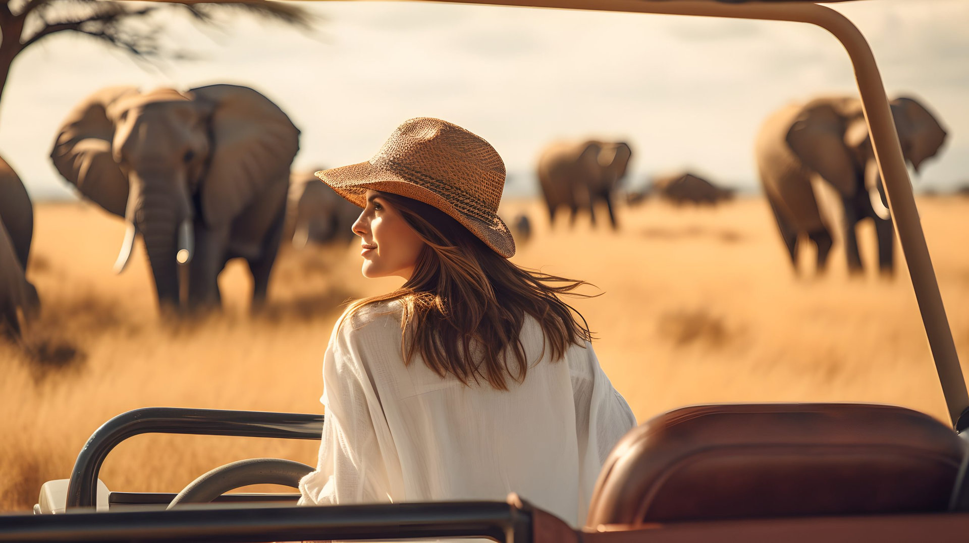 woman standing in a safari vehicle tourist elephant in the savanna travel summer