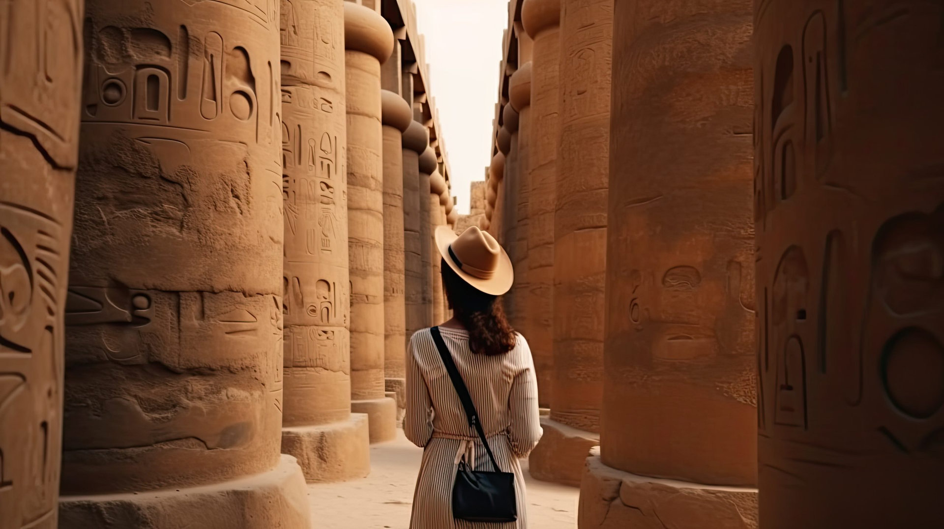 Woman traveler explores the ruins of the ancient Karnak temple in the city of Luxor in Egypt. Great row of columns with carved hieroglyph