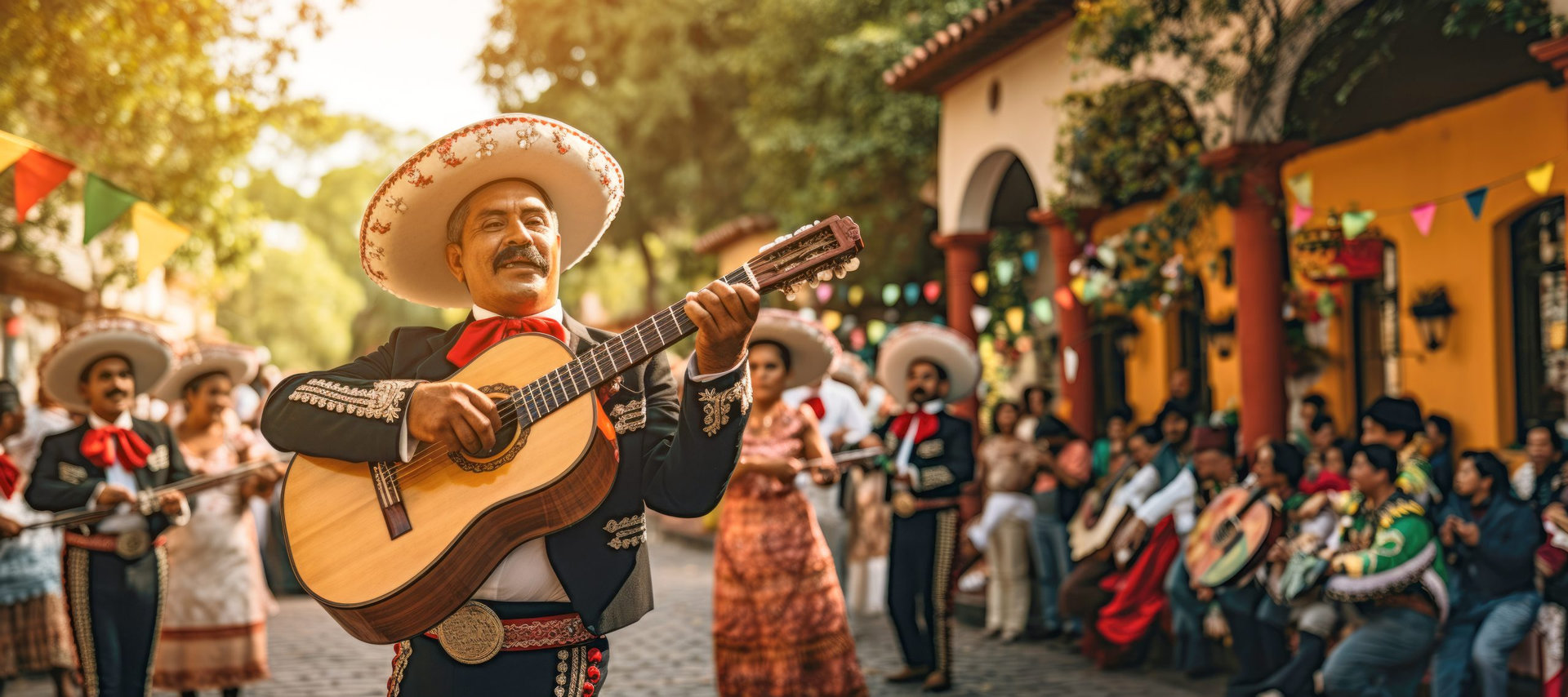 A cheerful Mexican mariachi singer, dressed in traditional clothing and a stylish hat, performs with joy and passion during a lively festival