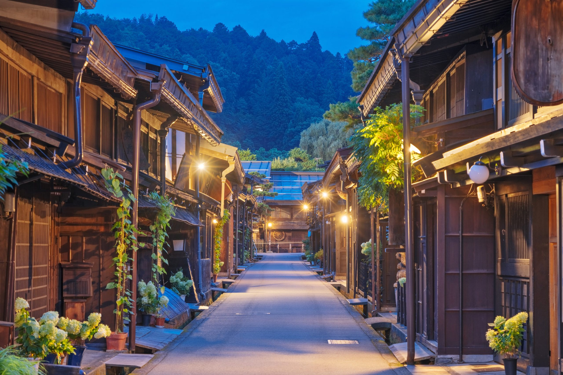 Takayama, Japan in the Sanmachi historic district at twilight.