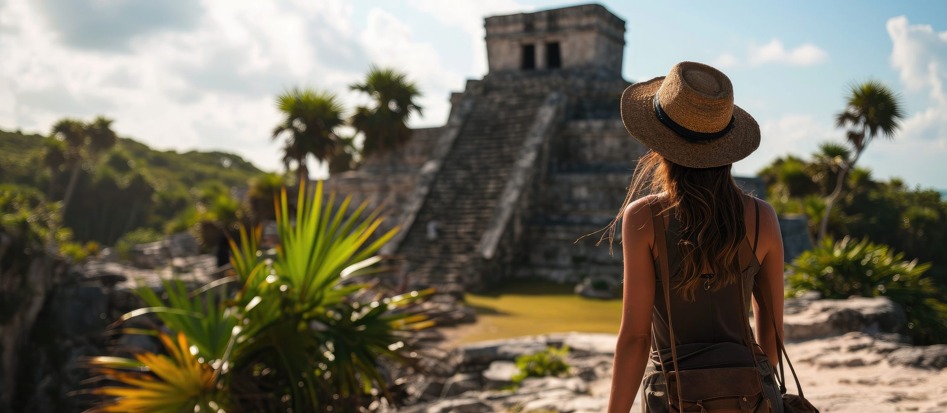 Woman tourist enjoying the view Pre Columbian Mayan walled city of Tulum Quintana Roo Mexico North America Tulum Mexico El Castillo castle the Mayan city of Tulum main temple. Copy space image