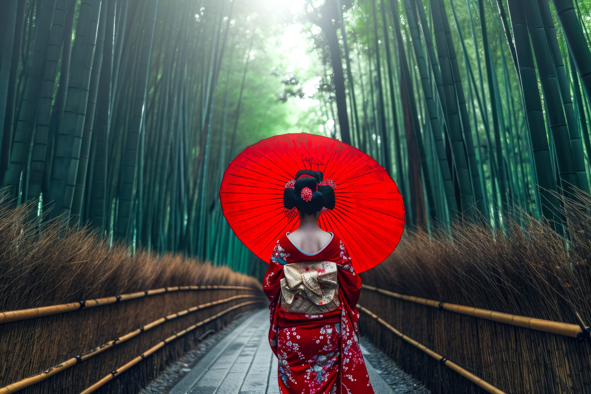 geisha walking through a bamboo fores.