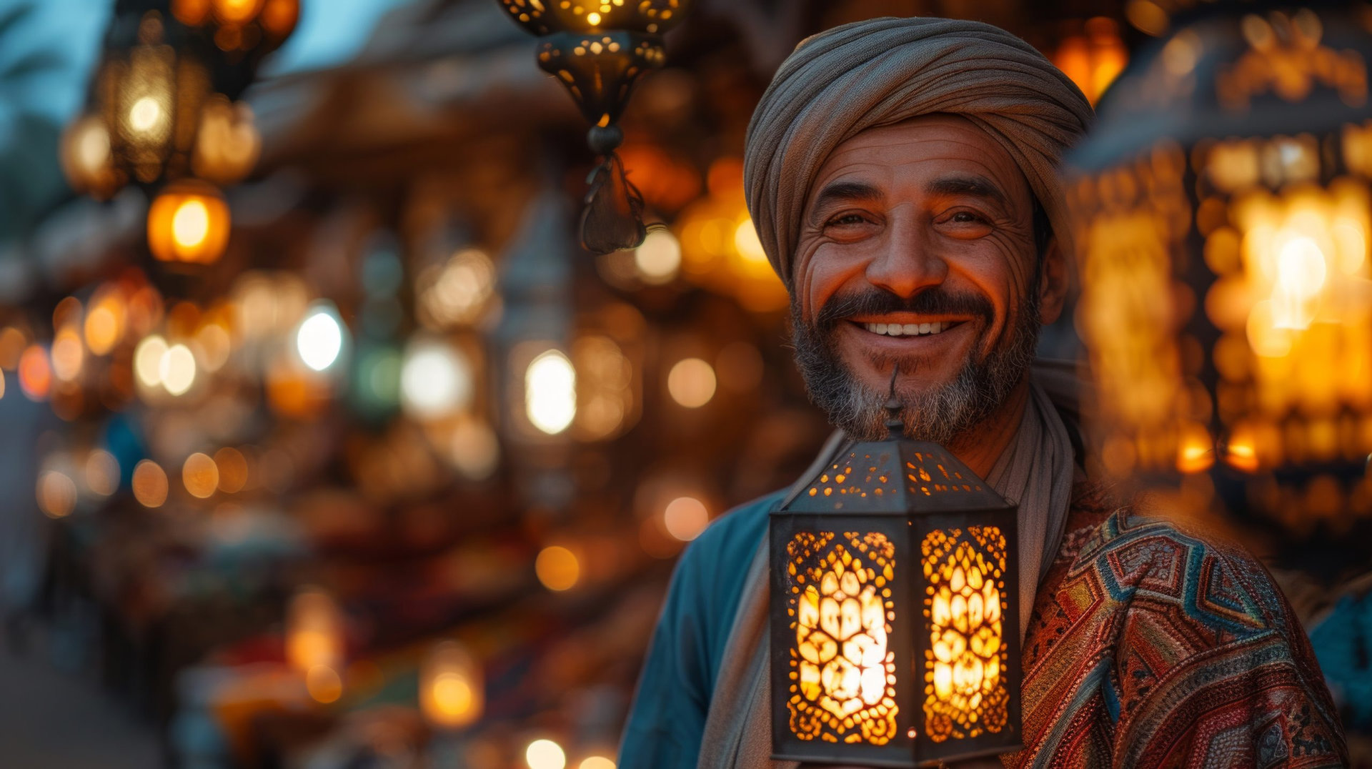 Happy arabian man wearing turban standing in front of traditional lanterns at night market.