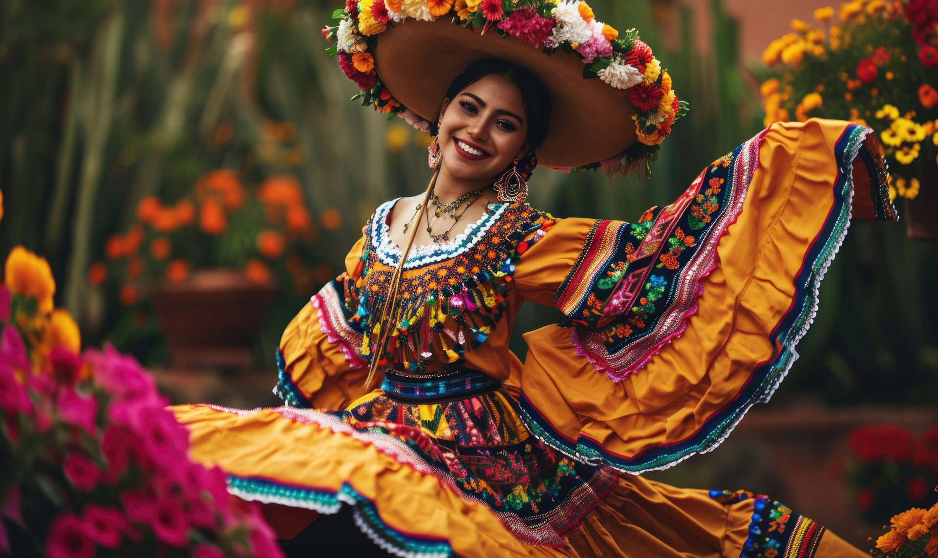 Beautiful mexican smiling and dancing gorgeous girl in traditional clothes with sombrero., pancho and heels. Amazing colorful flowers around her