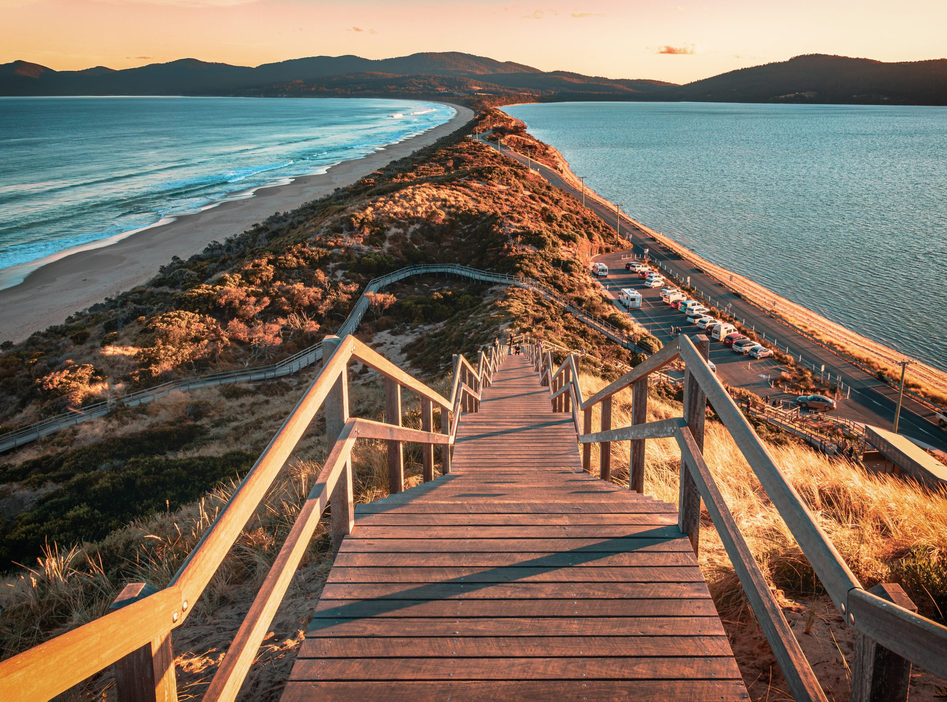 The view of the "neck" (the split between Pacific Ocean and Indian Ocean) in Bruny Island from the Neck Lookout in the dusk