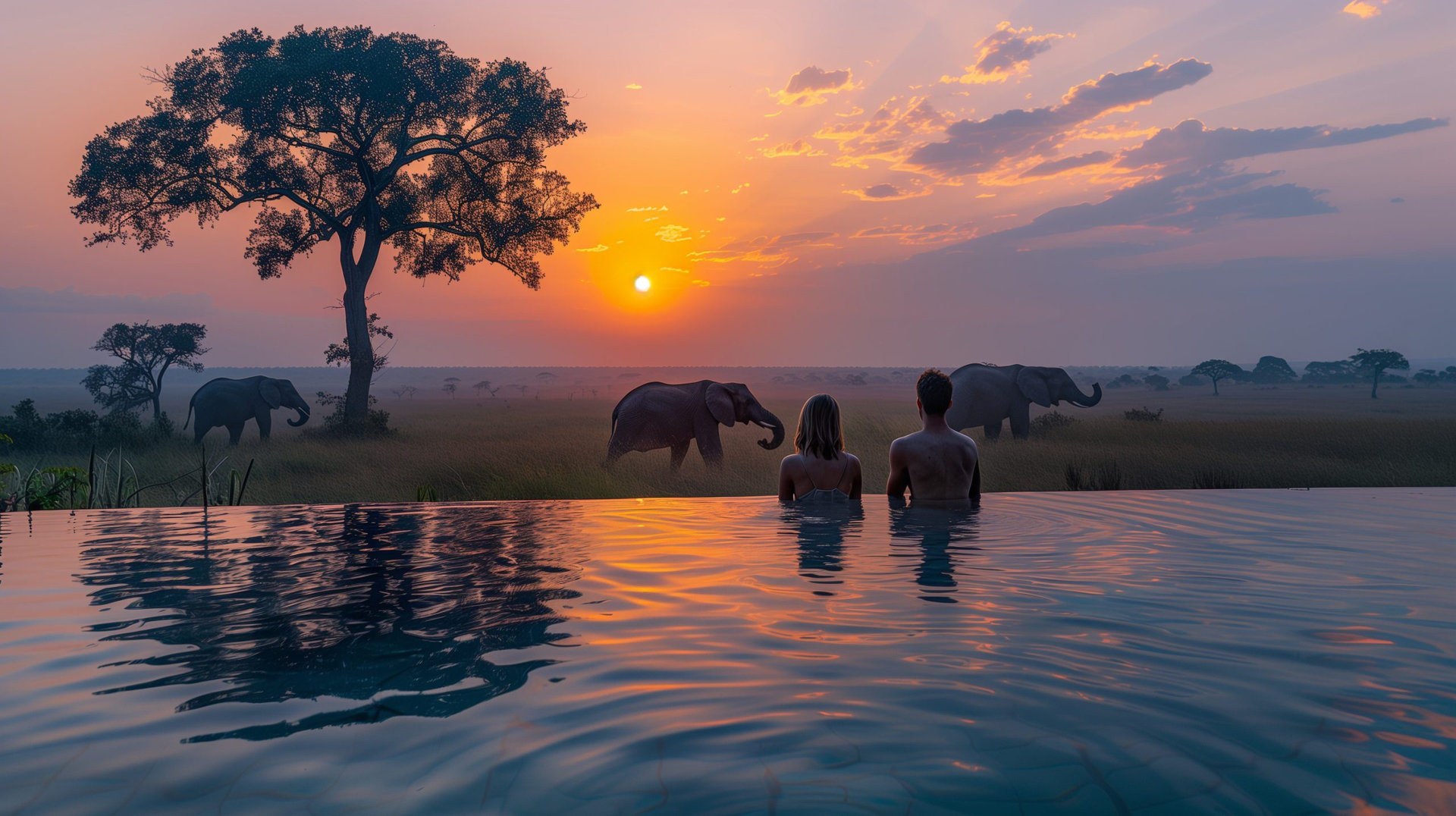 A couple in a swimming pool with the background of Elephants in the savanna in Africa, a safari camp, and a luxury lodge pool in the bush in Namibia
