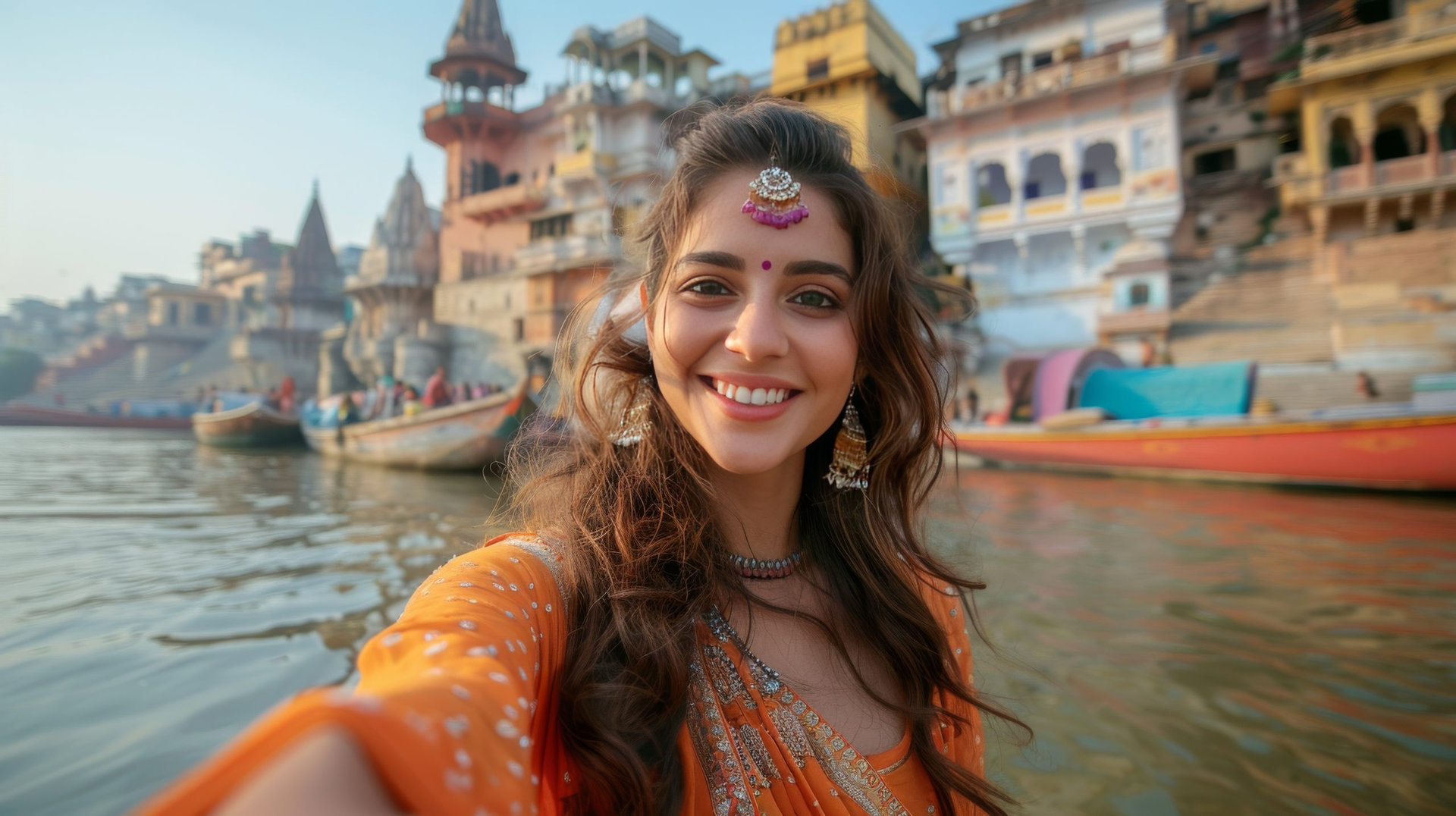 Touristic Charm: Indian Influencer's Selfie in Varanasi Ghat generative ai