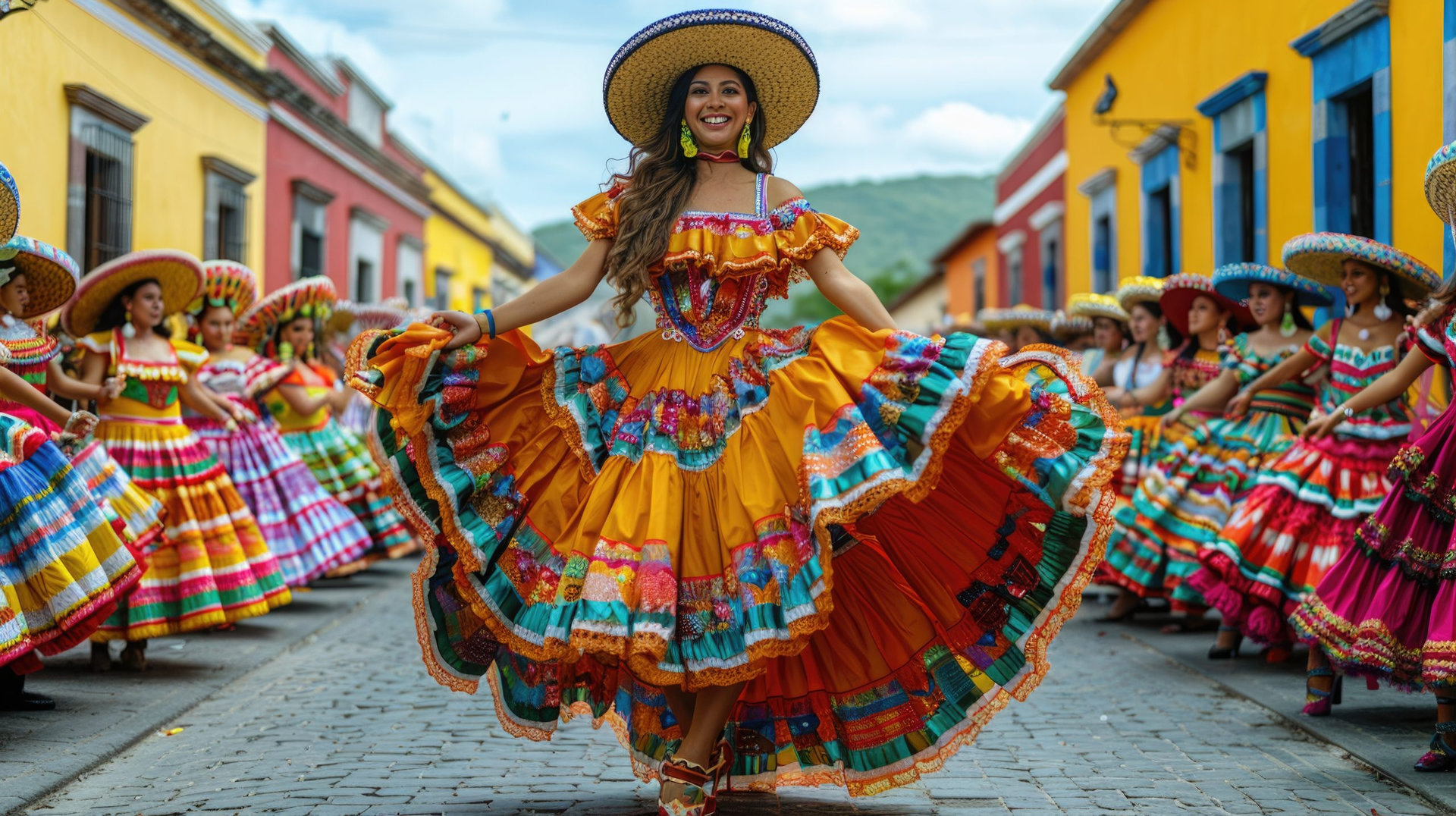 Pretty woman dances Cinco de Mayo celebration. High quality photo
