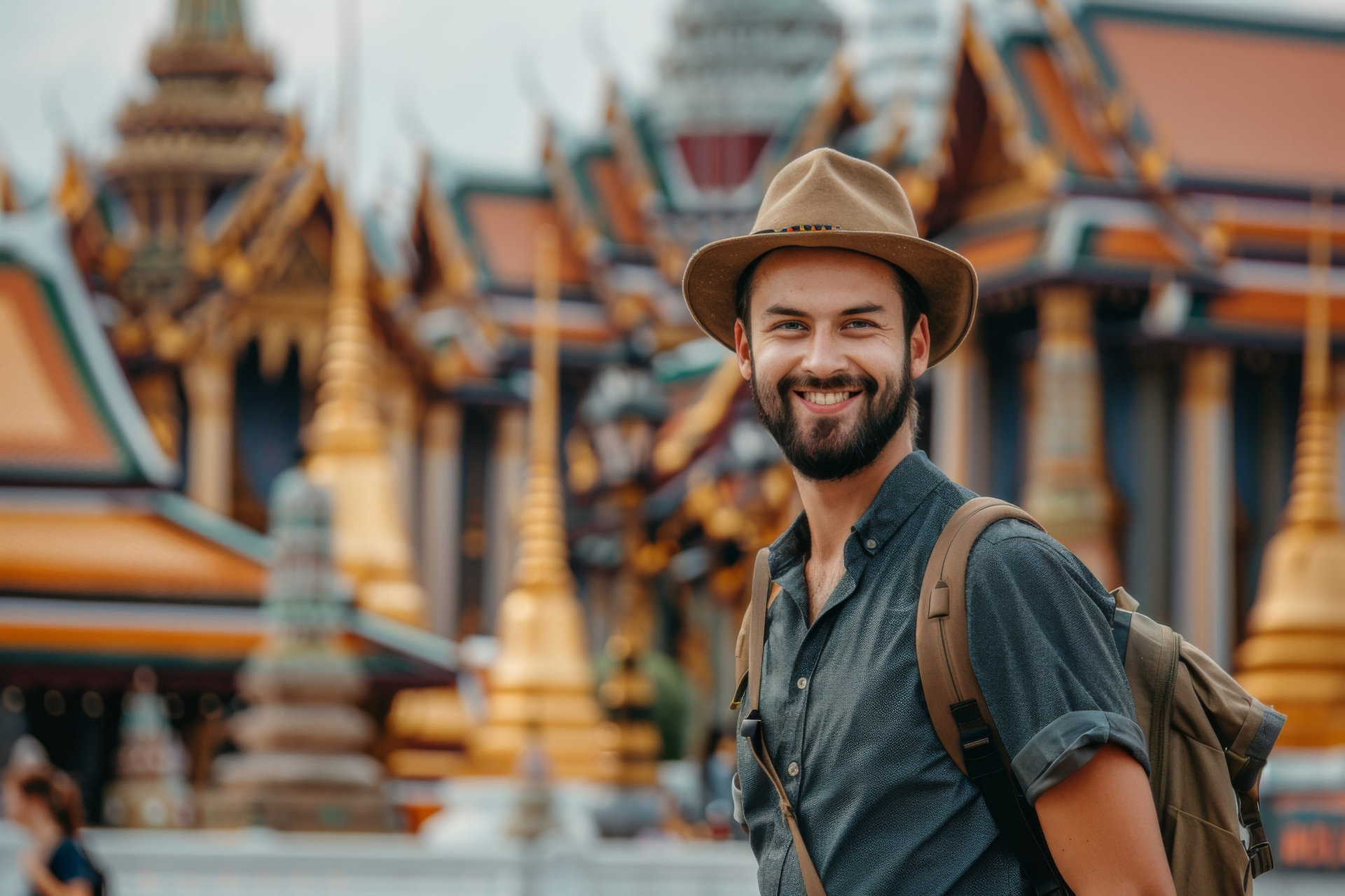 A man in a hat and backpack smiles while standing in front of a grand palace