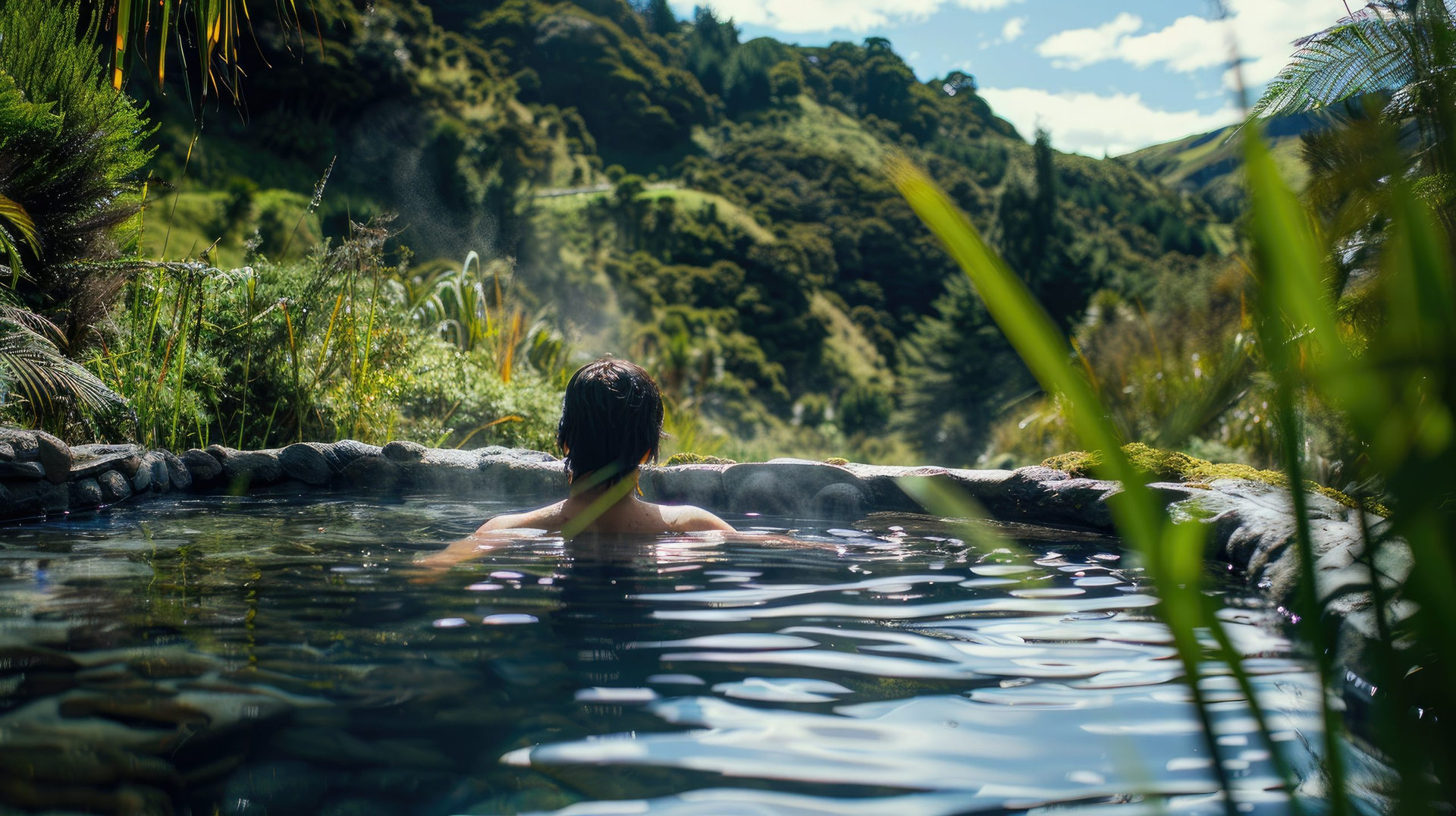 relaxing day at a natural hot spring in New Zealand AI generated
