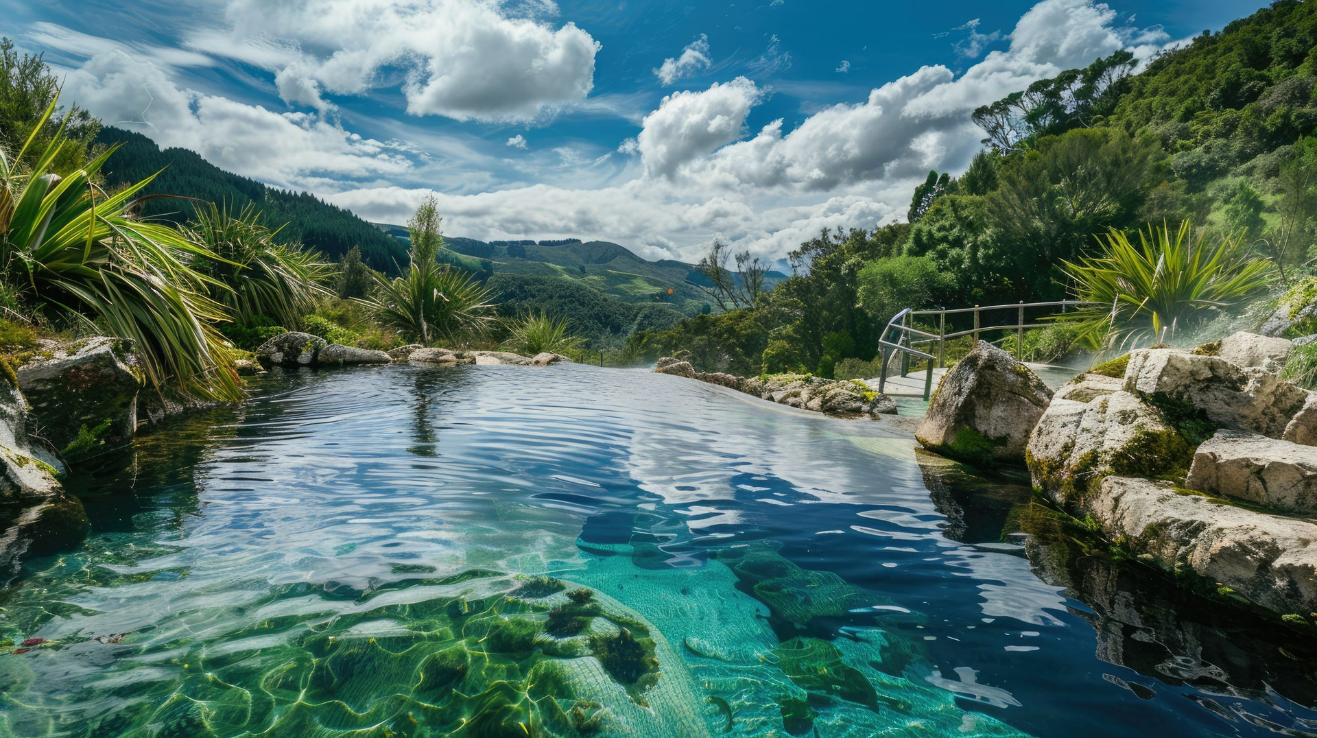 relaxing day at a natural hot spring in New Zealand AI generated