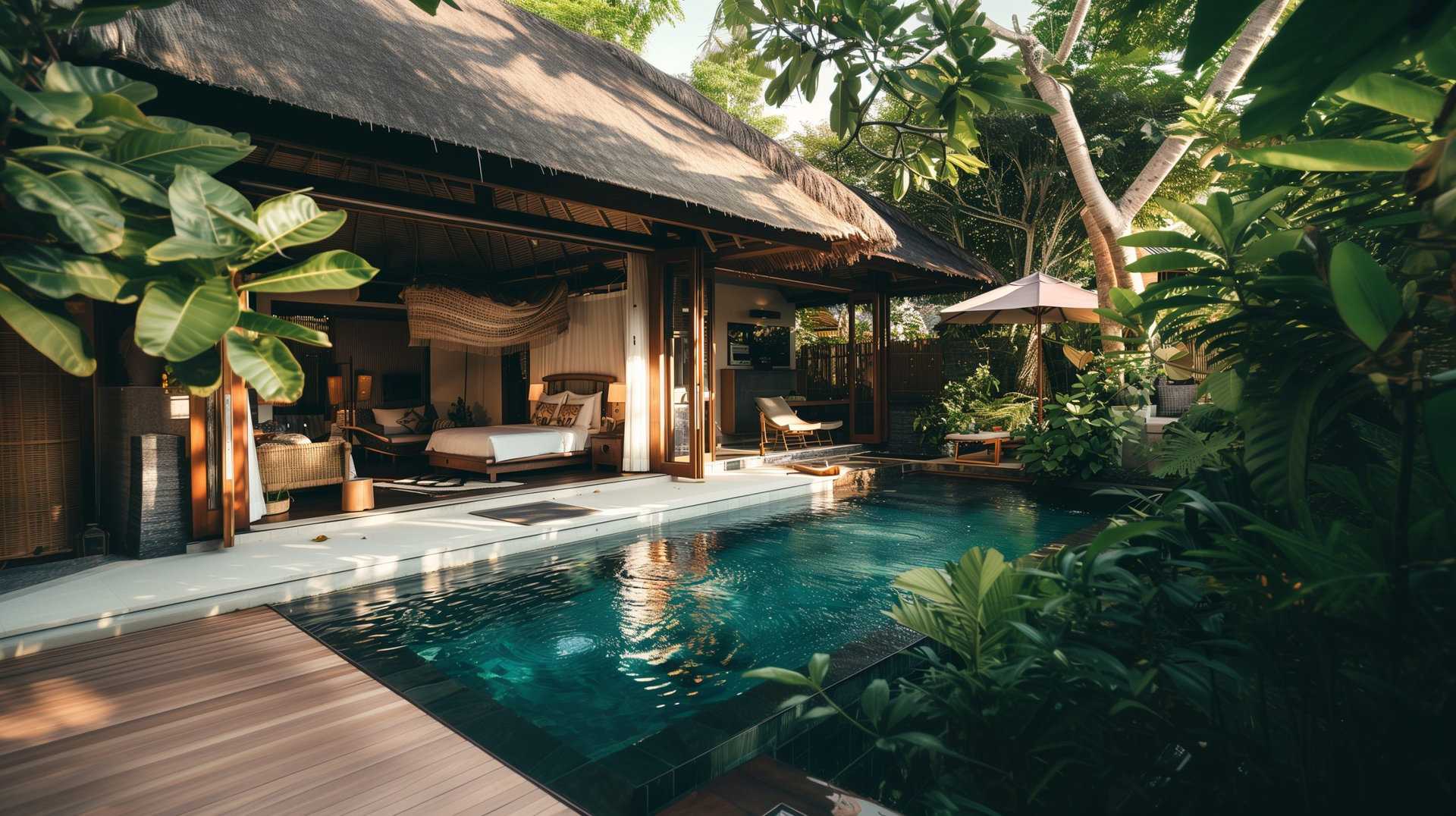 Luxury villa with bedroom open view on swimming pool in Bali. High quality photo