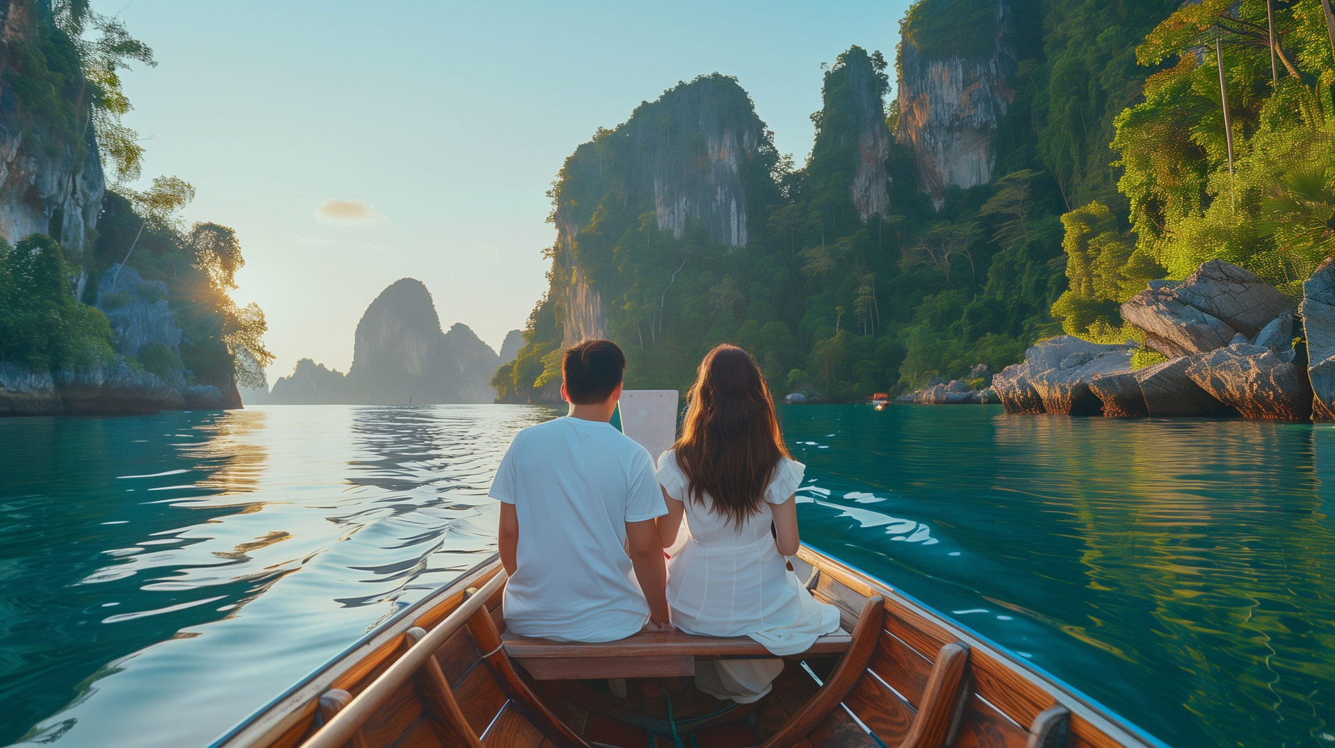 Couple in honeymoon visiting Thailand islands on a boat. High quality photo