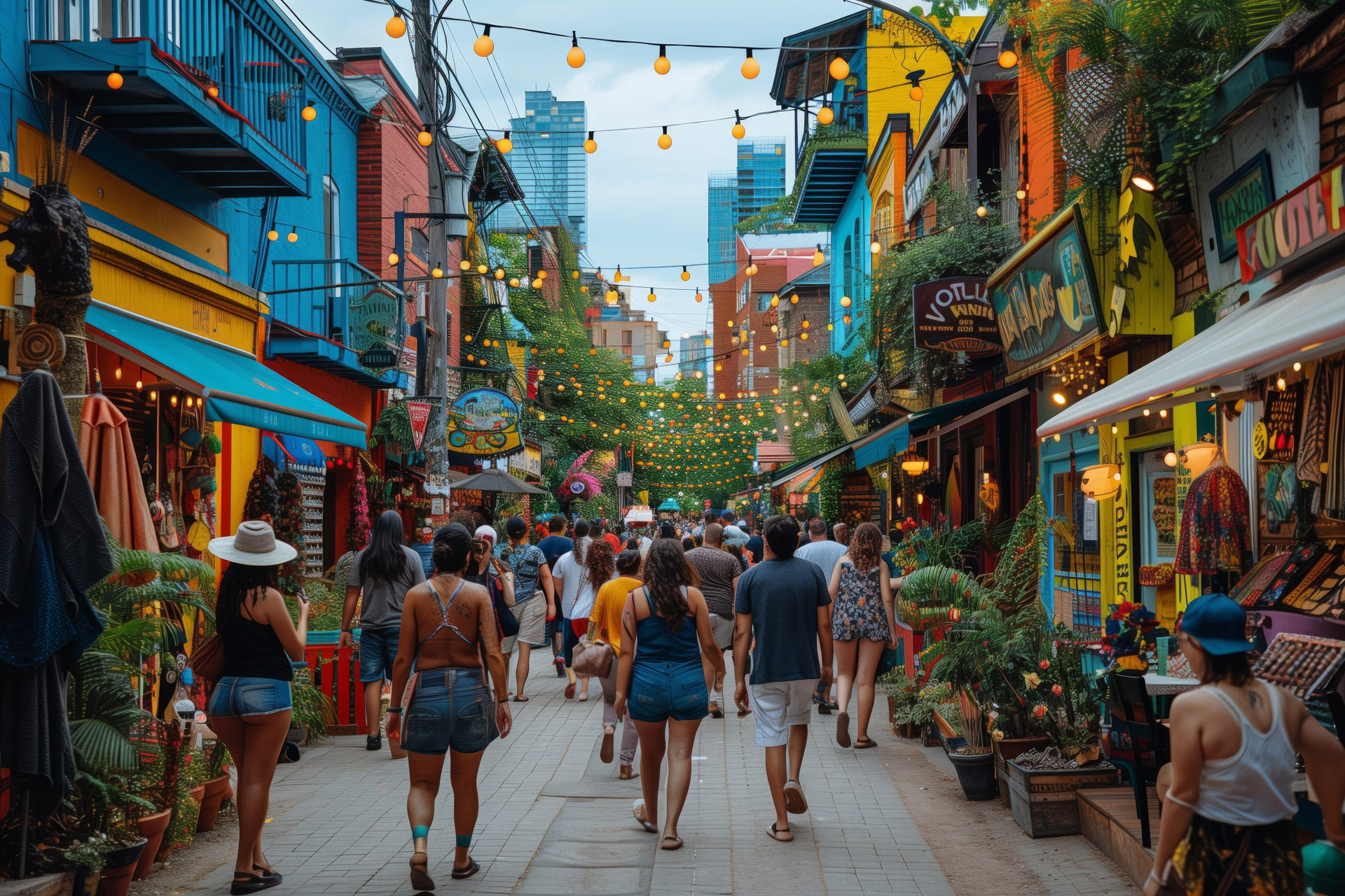 A vibrant scene unfolds in Montreals Quartier des Spectacles on a summer evening. People stroll through the narrow, colorful streets lined with shops and restaurants. String lights illuminate the pedestrian walkway, creating a festive atmosphere. The air is buzzing with the sounds of laughter and conversation, as tourists and locals alike enjoy the lively ambiance of this unique neighborhood.