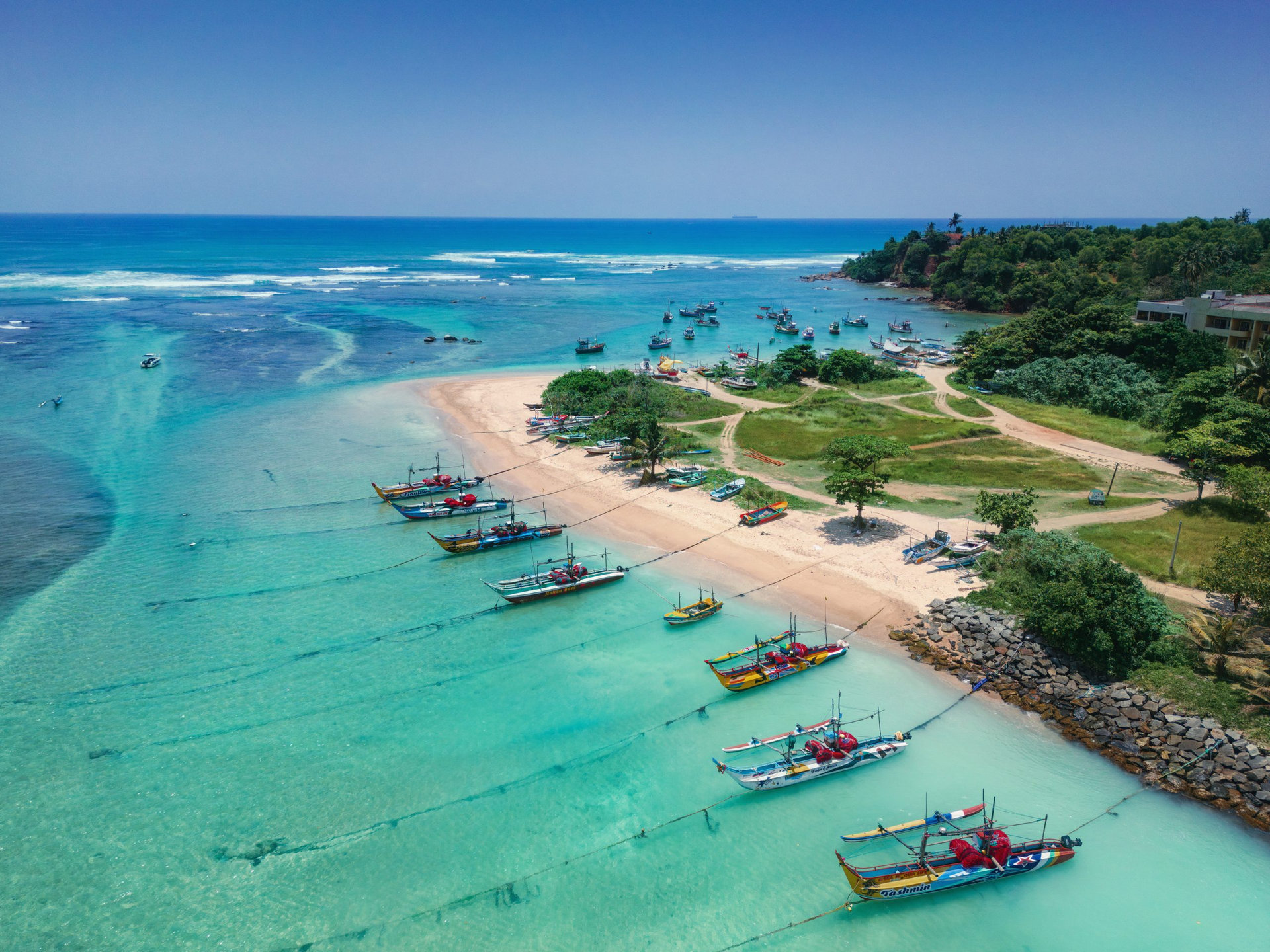 Aerial view of famous beach of the south coast of Sri Lanka, area near the town of Weligama. High quality photo