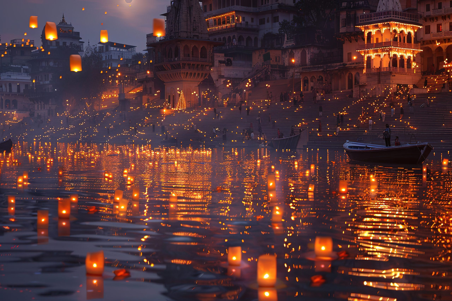 Diyas. Basket boat with a burning candle. River Ganges. India