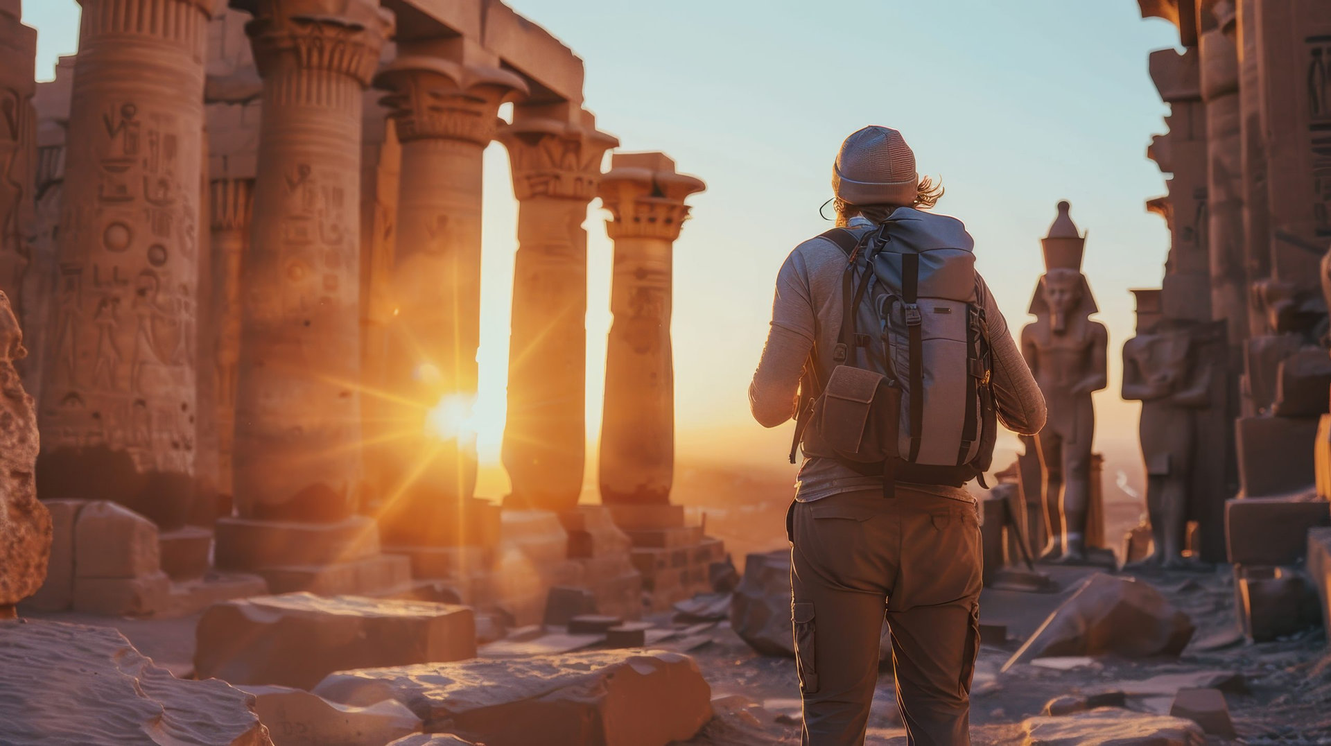 A lone traveler explores the ancient ruins of an Egyptian temple at sunset