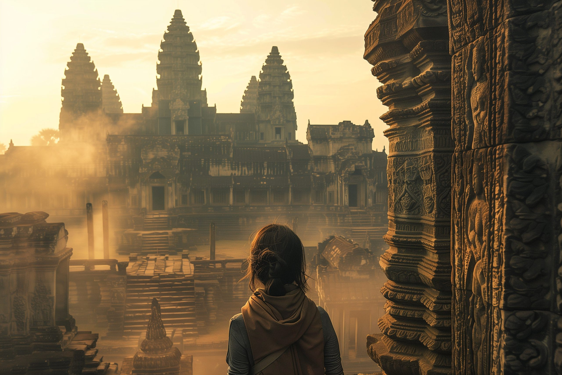 intrepid traveler standing in awe at the ancient ruins of Angkor Wat in Cambodia, bathed in the golden light of sunrise. The intricate stone carvings and towering spires of the tem