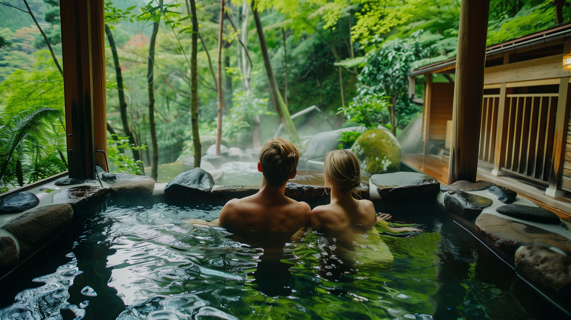 温泉で日本の自然を満喫するブロンドの外国人カップル