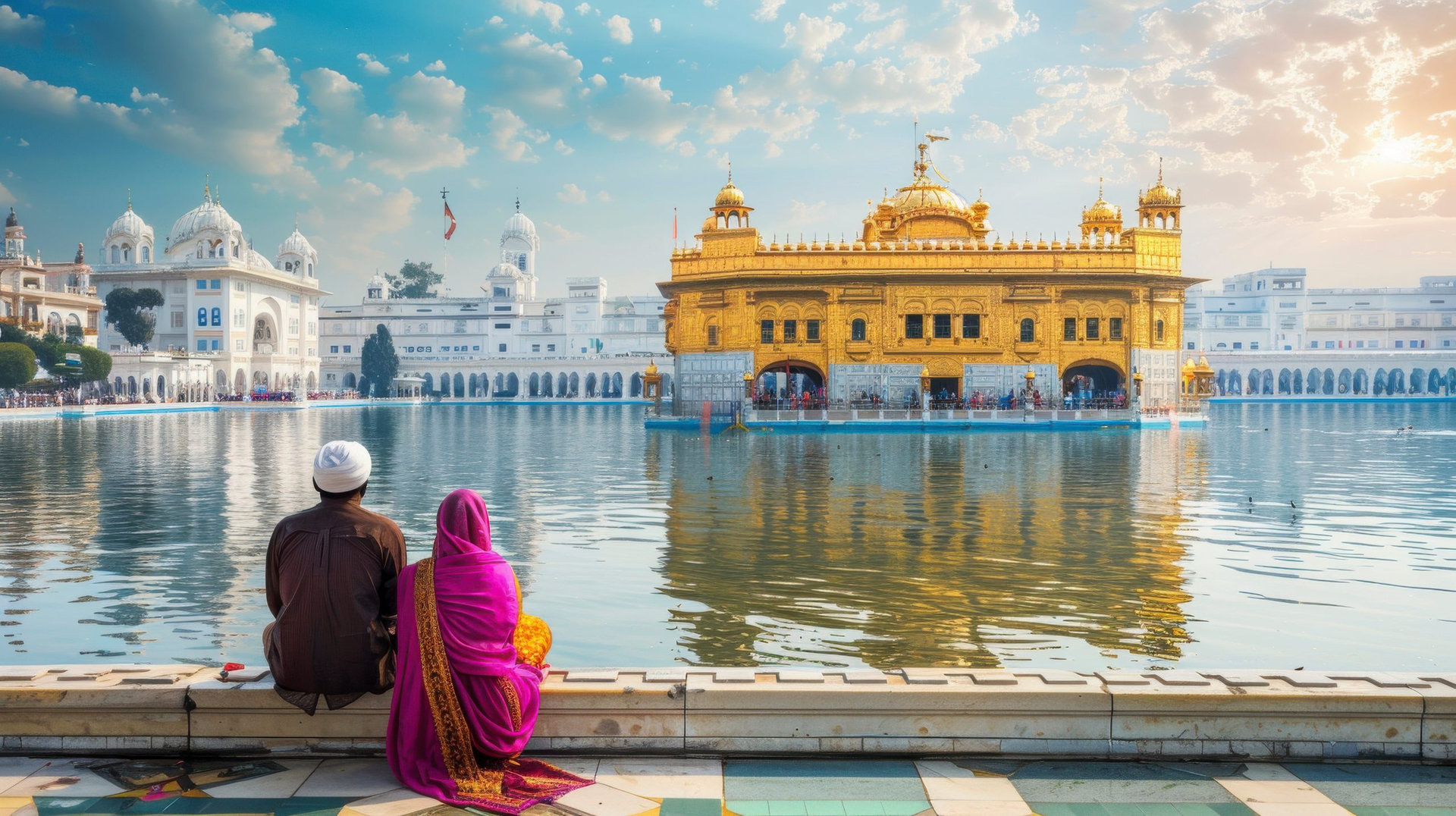 Two people sit by a reflecting pool overlooking a large golden temple