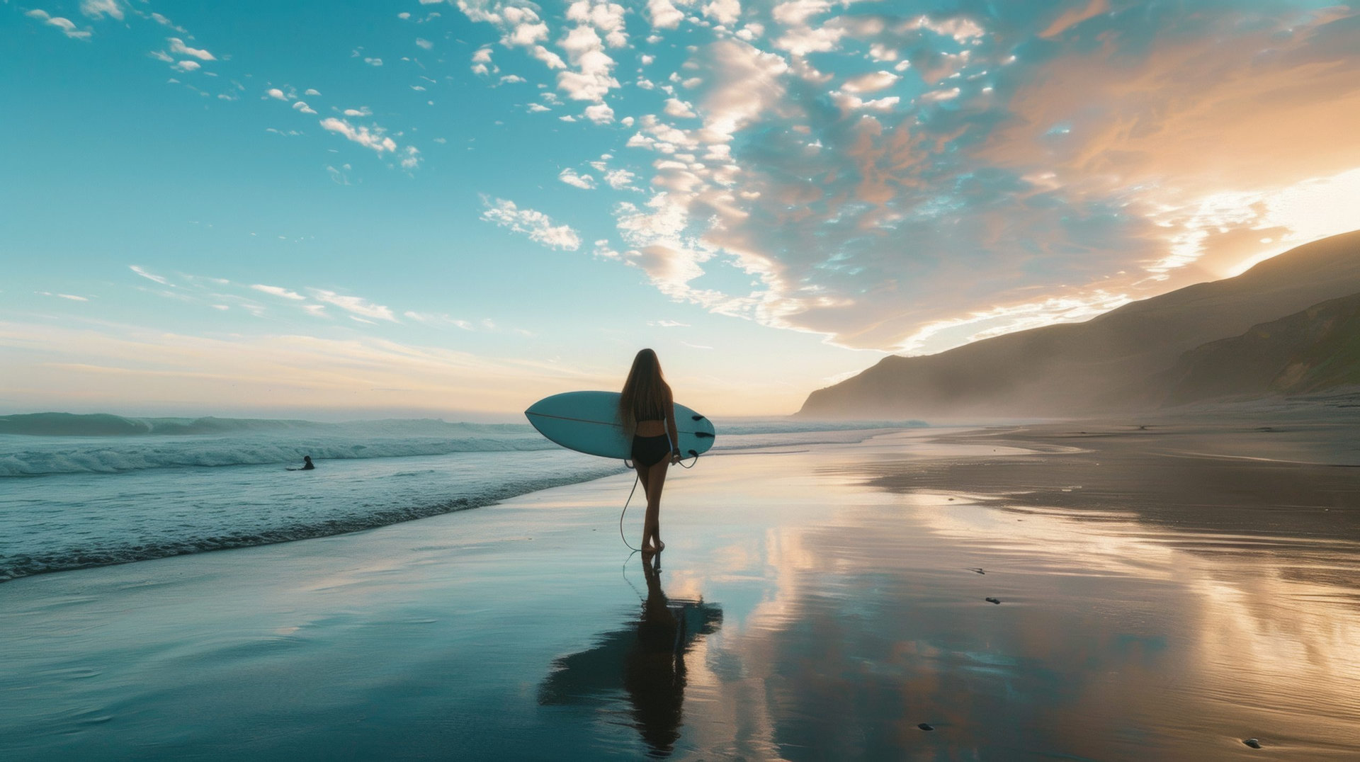 woman on her back with a surfboard on a beautiful beach on a sunset