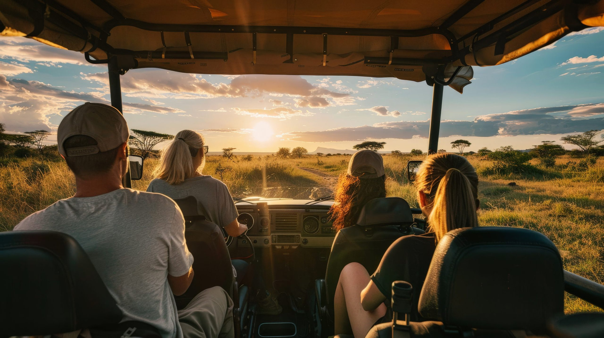 Safari tourists in a jeep watching wildlife in an African savannah