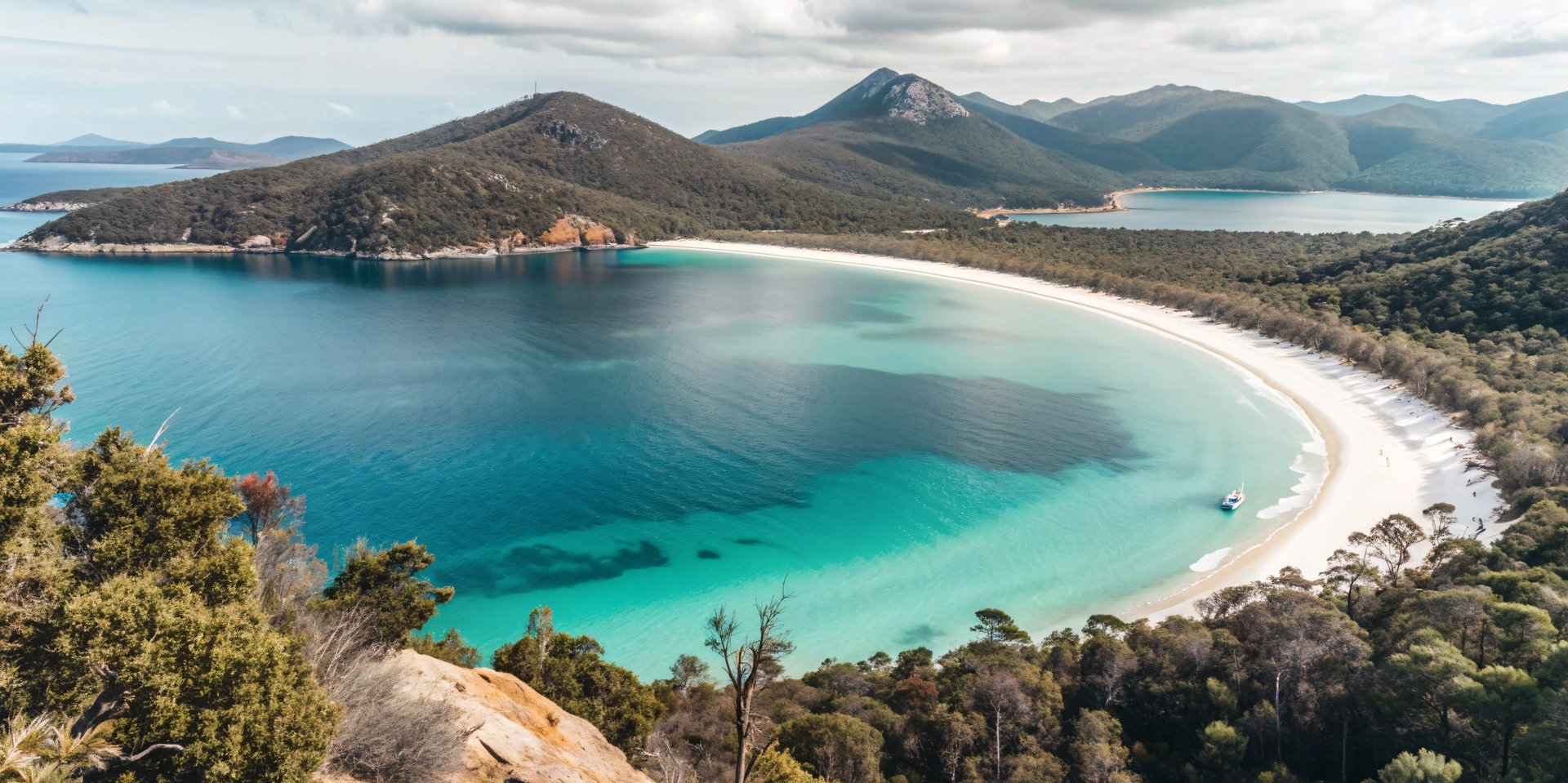 Wineglass Bay, Tasmania: Pristine Paradise. Aerial view of the stunning turquoise waters and white sand beach of Wineglass Bay, nestled within the Freycinet National Park in Tasmania, Australia.