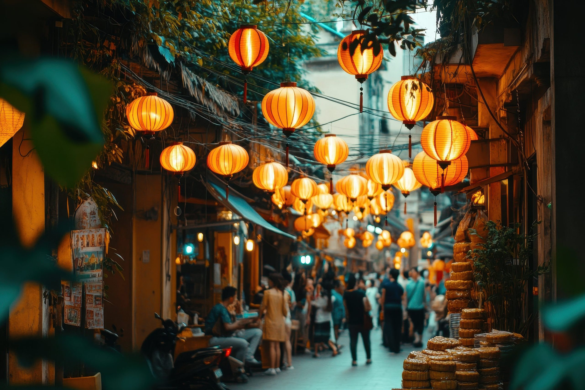 Vibrant Lantern-Lit Street Market at Dusk Surrounded by Traditional Architecture in Hanoi