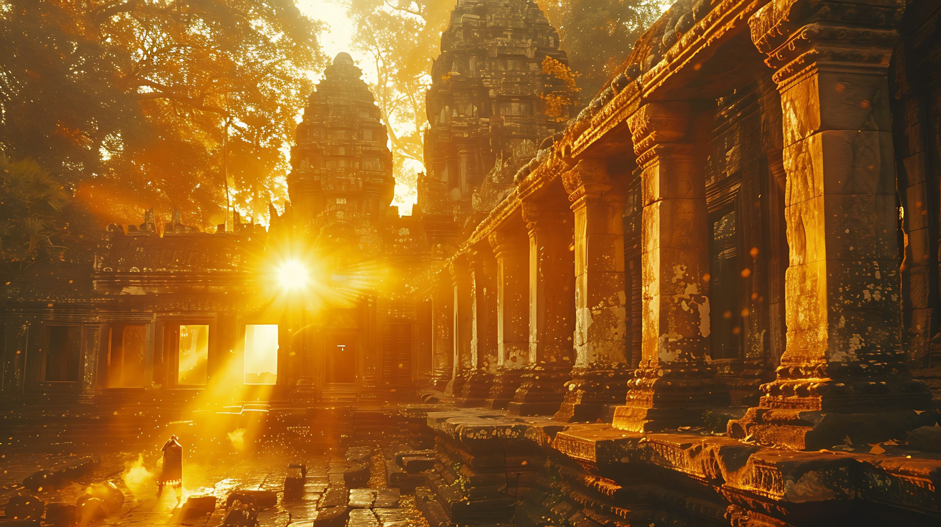 A tranquil evening at Angkor Wat in Cambodia, with a solo traveler exploring the temple grounds, the golden light of sunset illuminating the ancient stone carvings, and the surrounding jungle. DSLR,